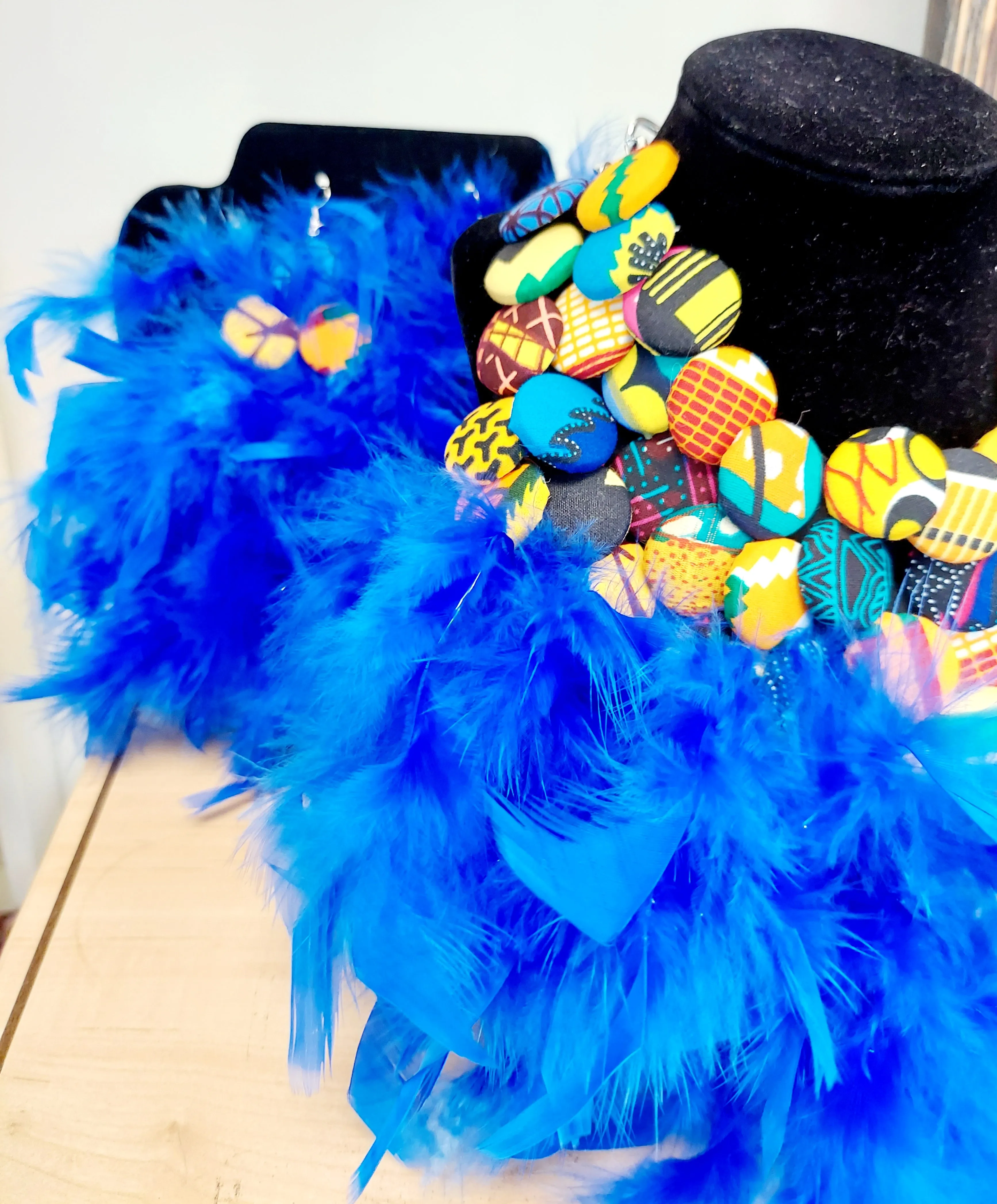 Necklace-Feathered button African Print 2pc