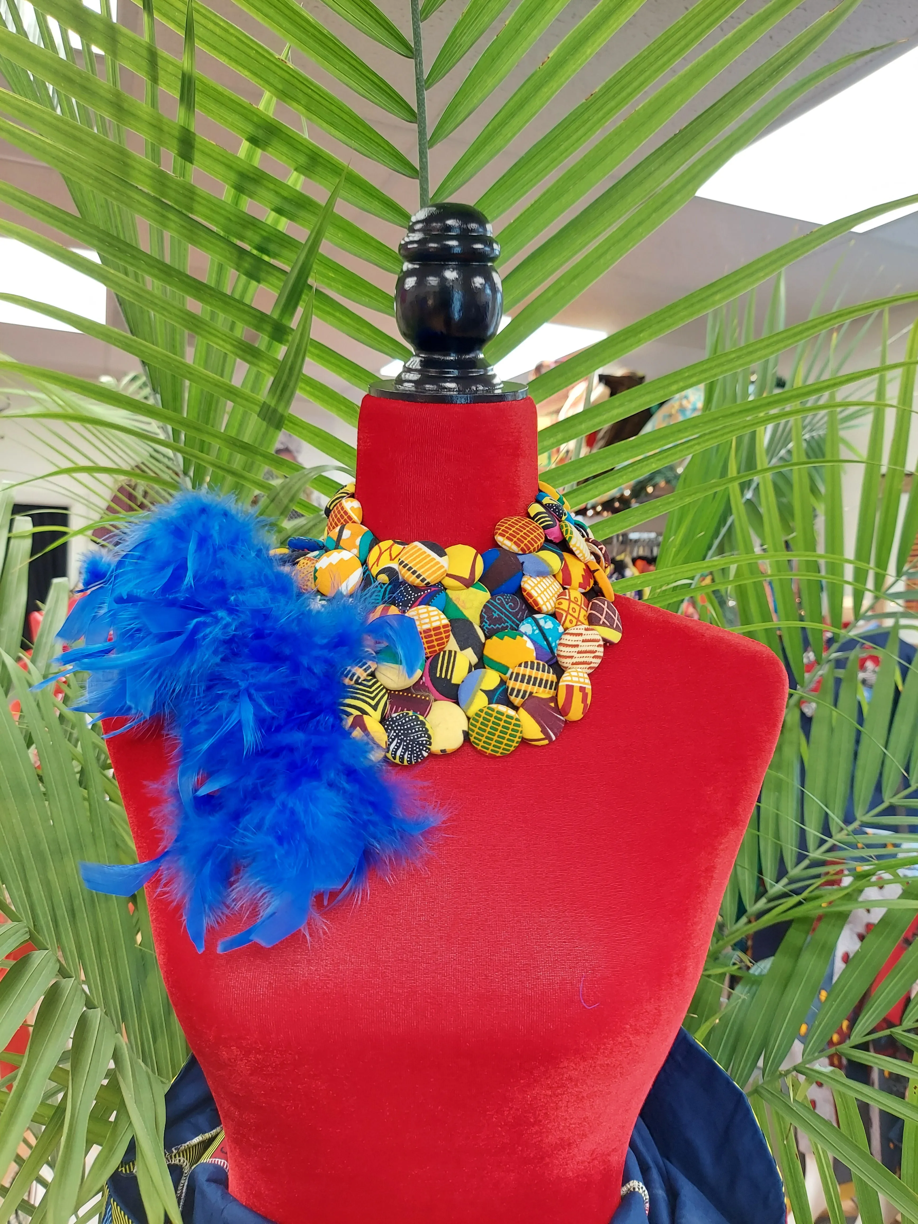Necklace-Feathered button African Print 2pc