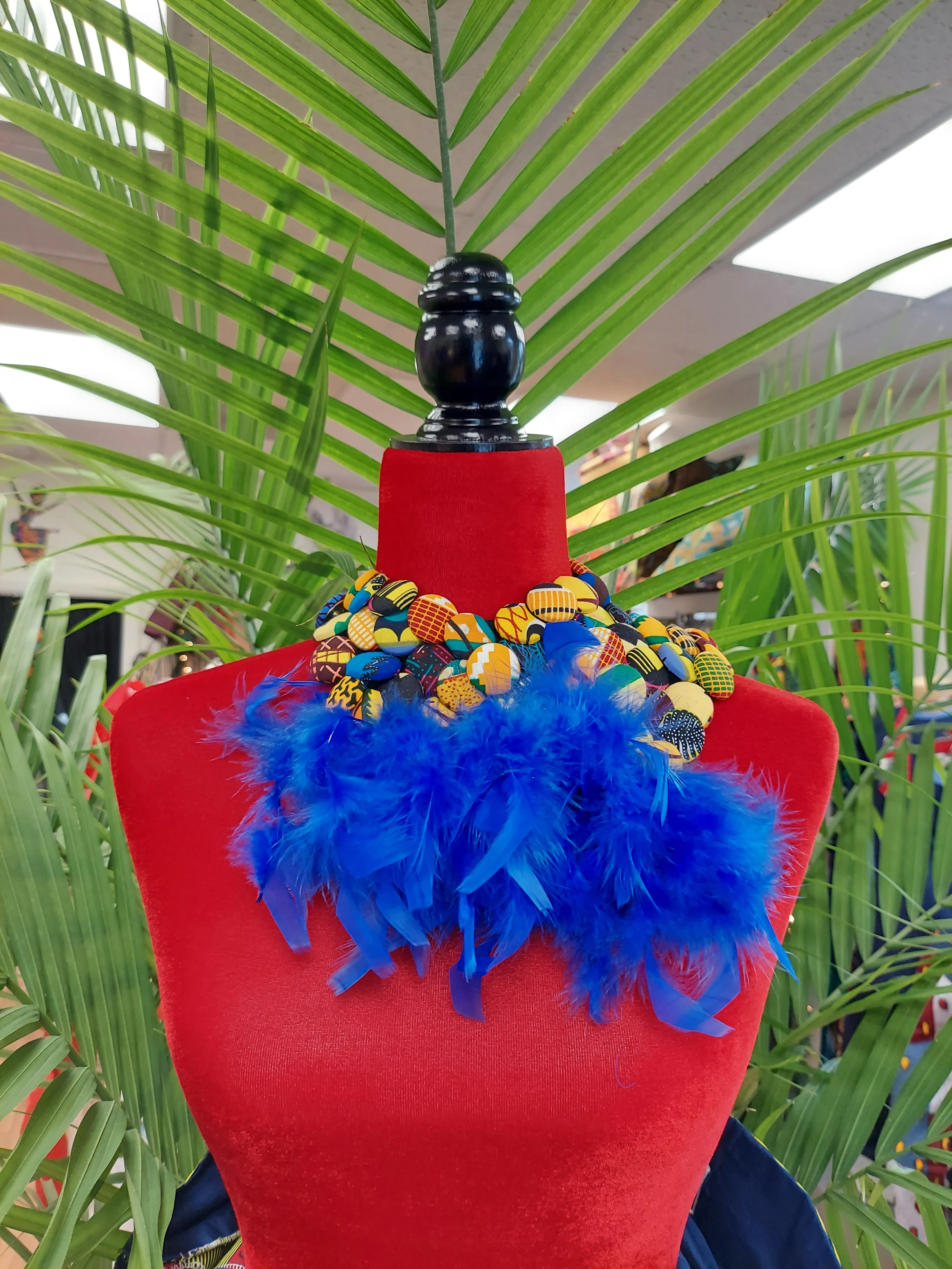 Necklace-Feathered button African Print 2pc