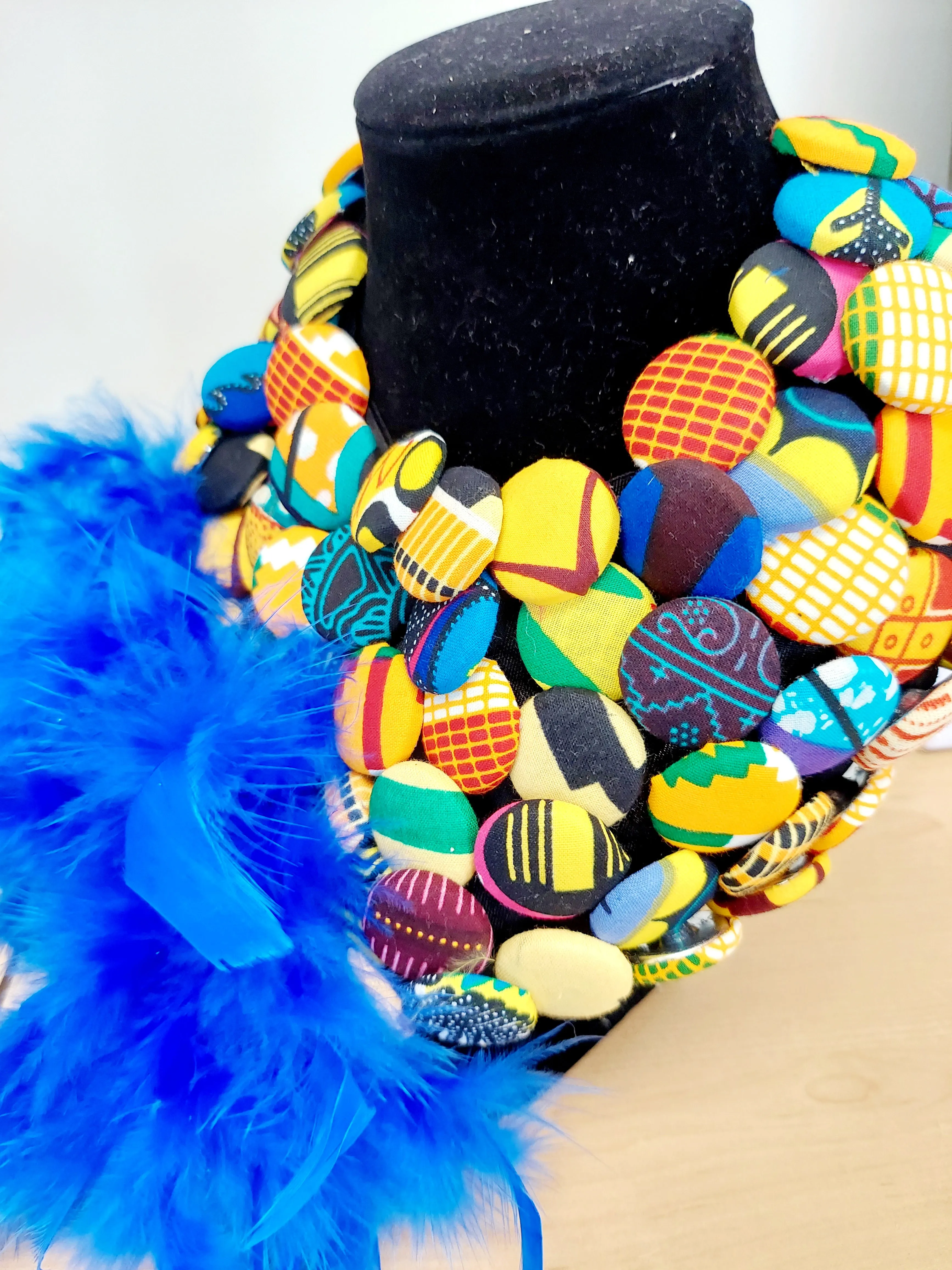 Necklace-Feathered button African Print 2pc
