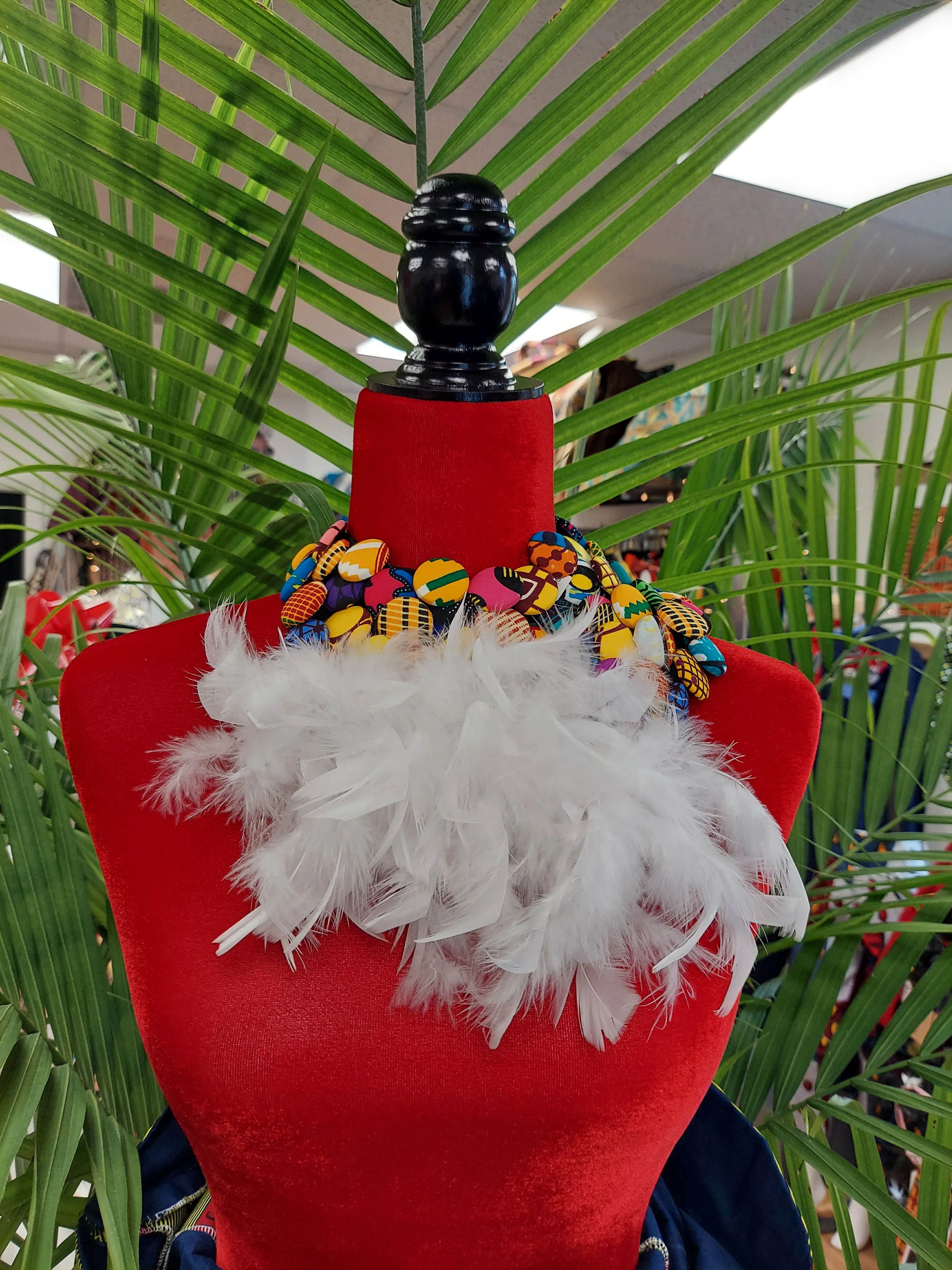 Necklace-Feathered button African Print 2pc