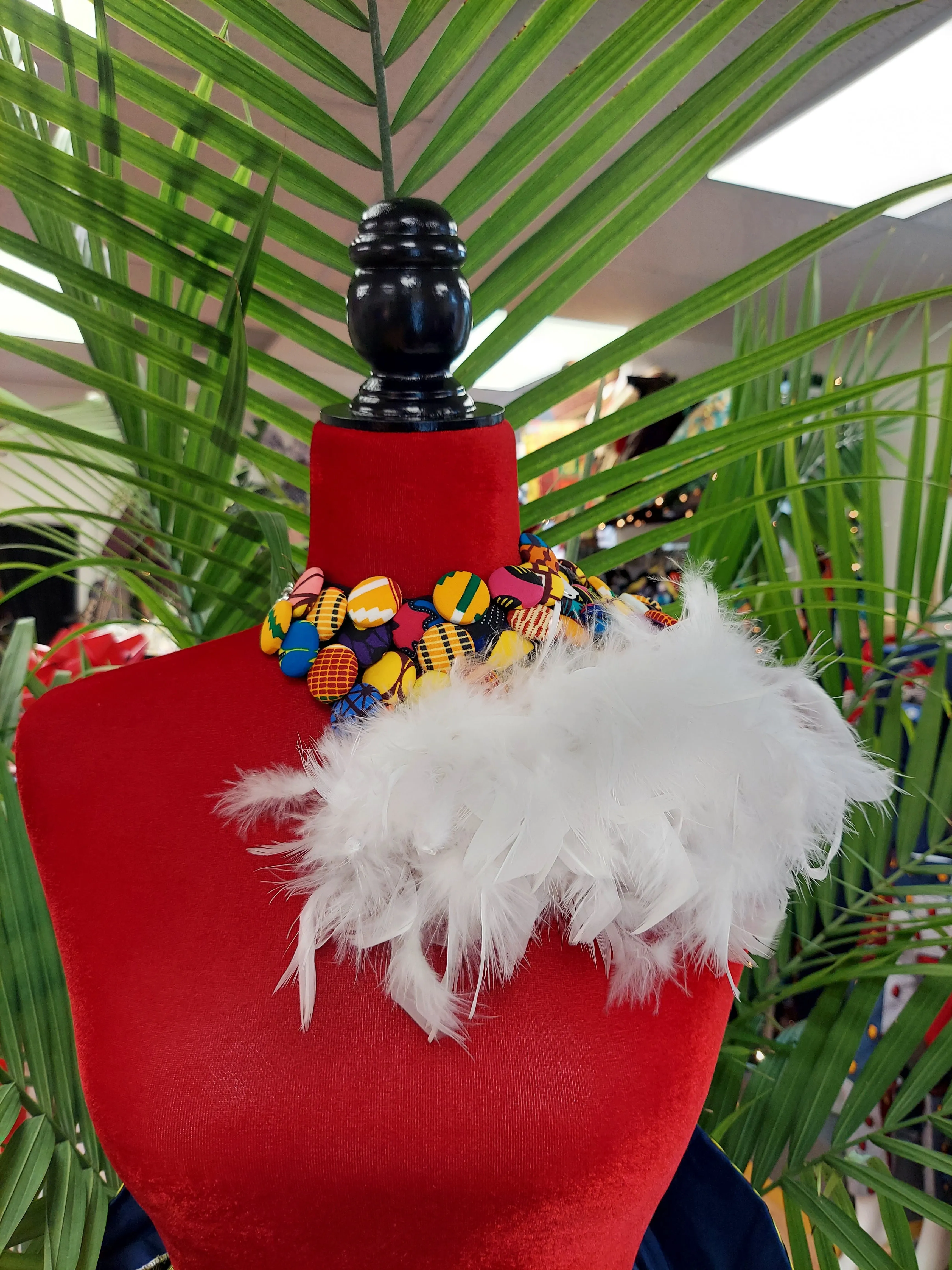 Necklace-Feathered button African Print 2pc