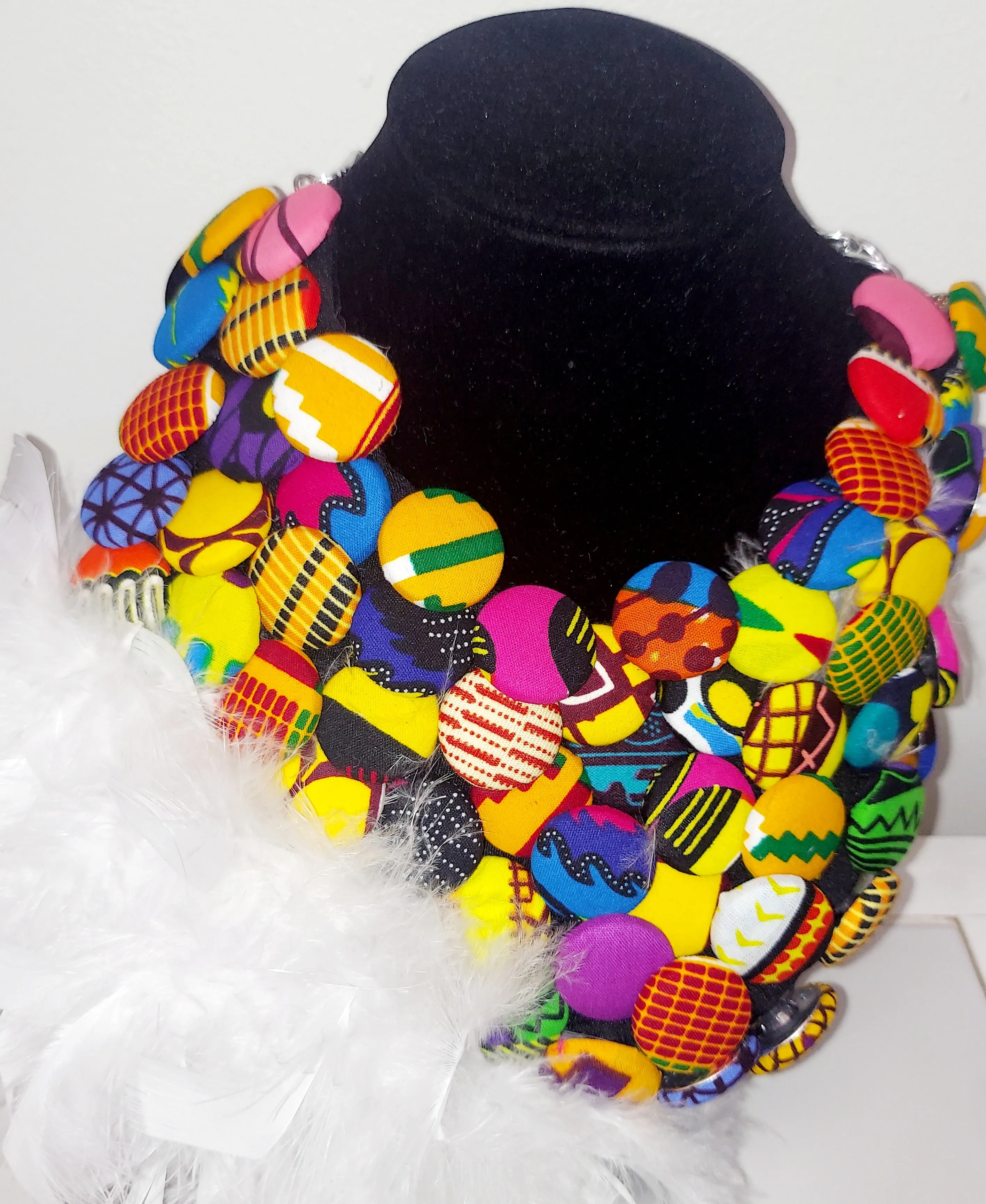 Necklace-Feathered button African Print 2pc