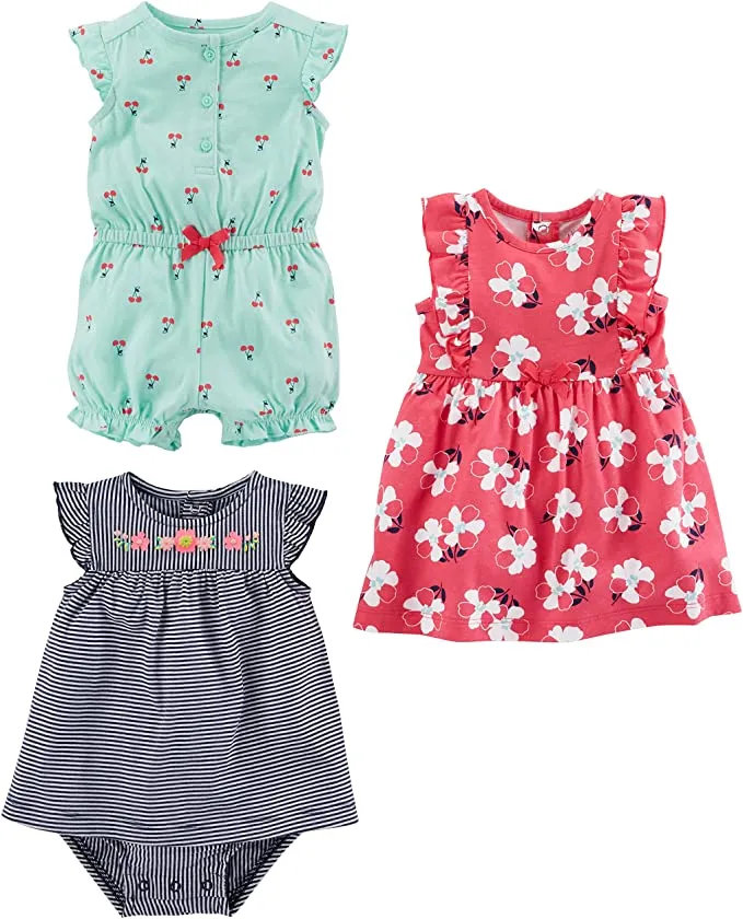 New Simple Joys by Carter's baby-girls 3-Pack Romper, Sunsuit and Dress Romper, Sz Newborn!