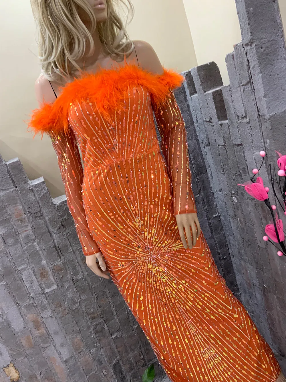 Off Shoulder Long Sleeve Elegant Maxi Bodycon Dress HT10391