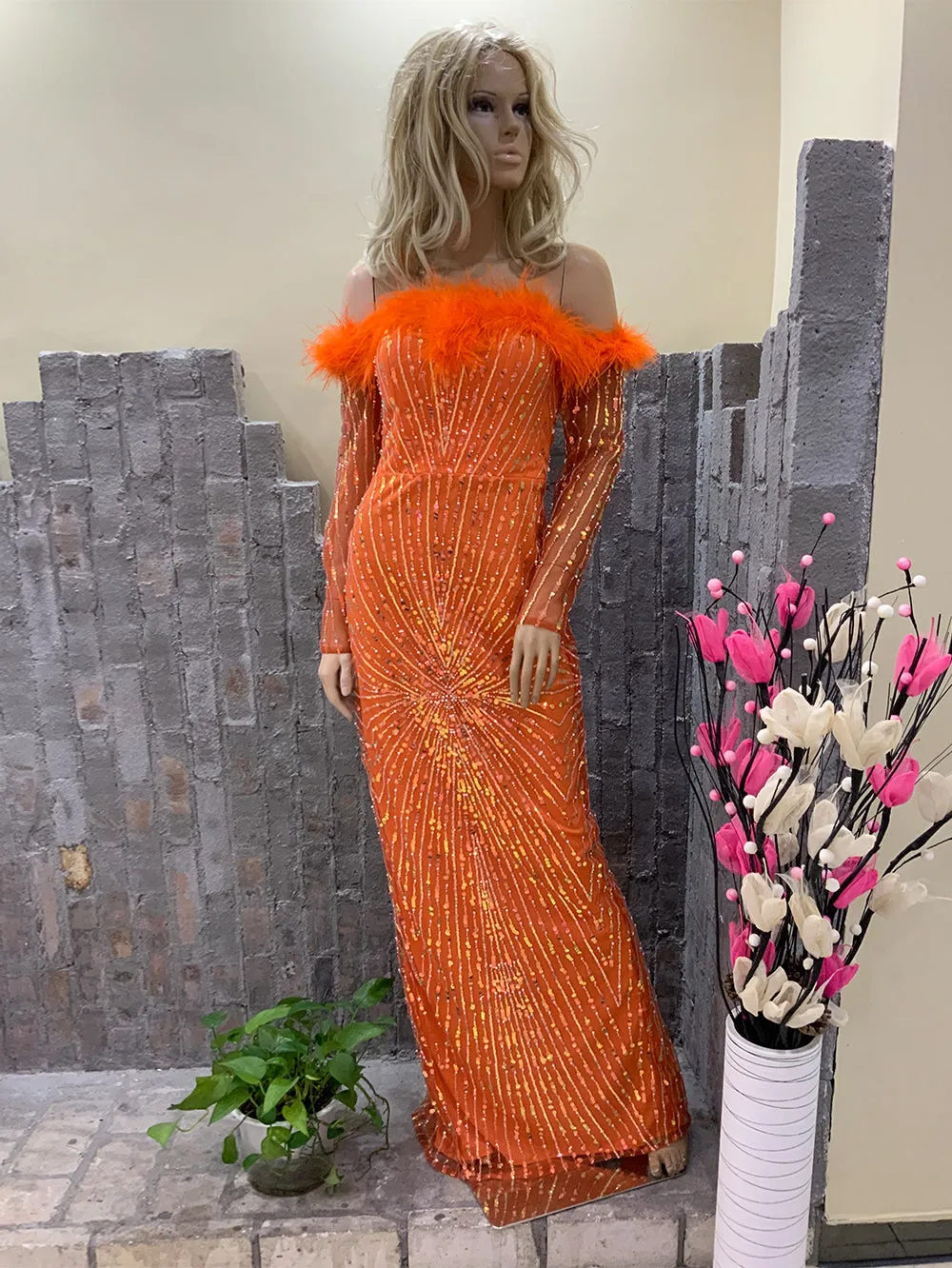 Off Shoulder Long Sleeve Elegant Maxi Bodycon Dress HT10391