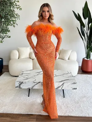 Off Shoulder Long Sleeve Elegant Maxi Bodycon Dress HT10391