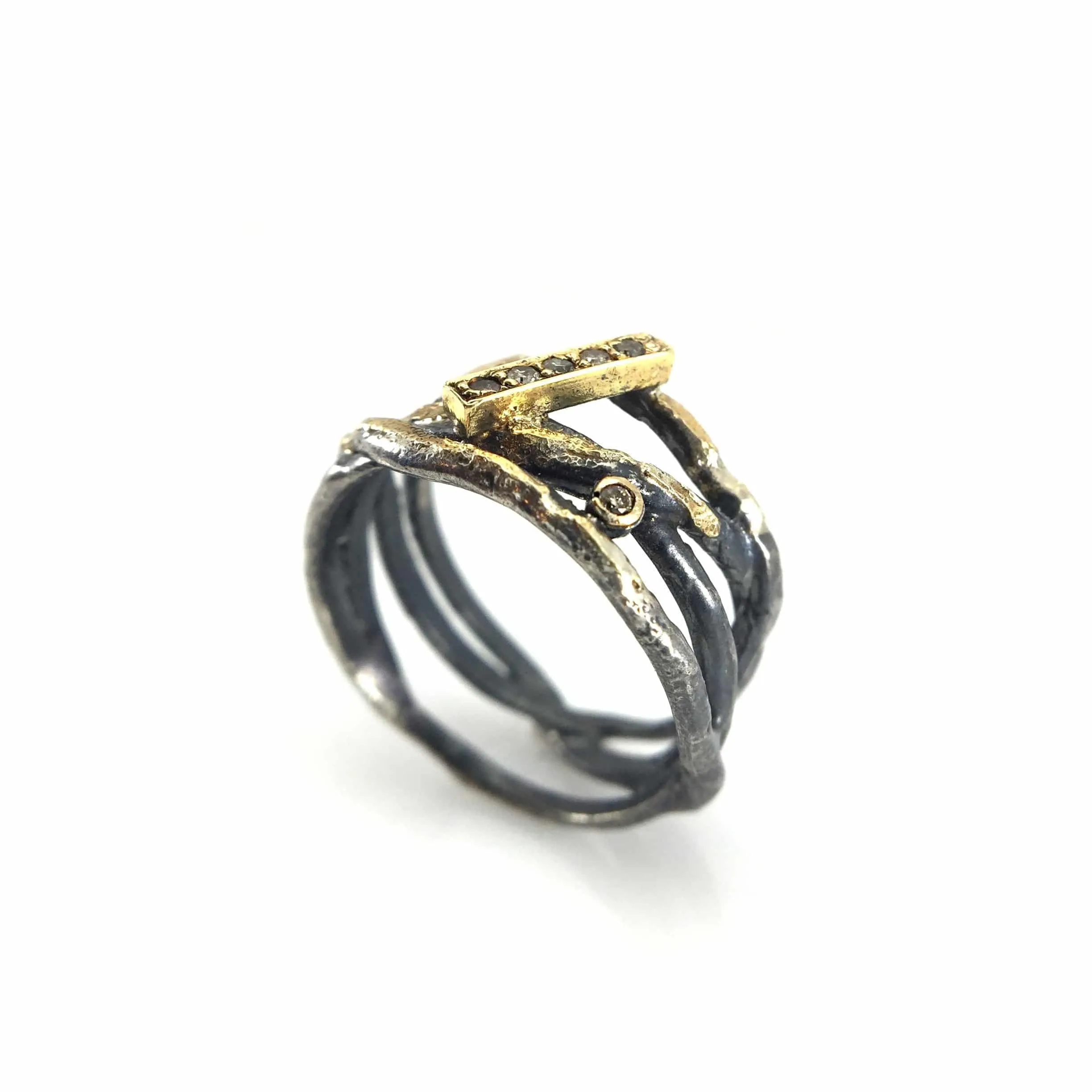 Oxidized Silver, Pave set Diamonds and 22k Gold Wrap Ring