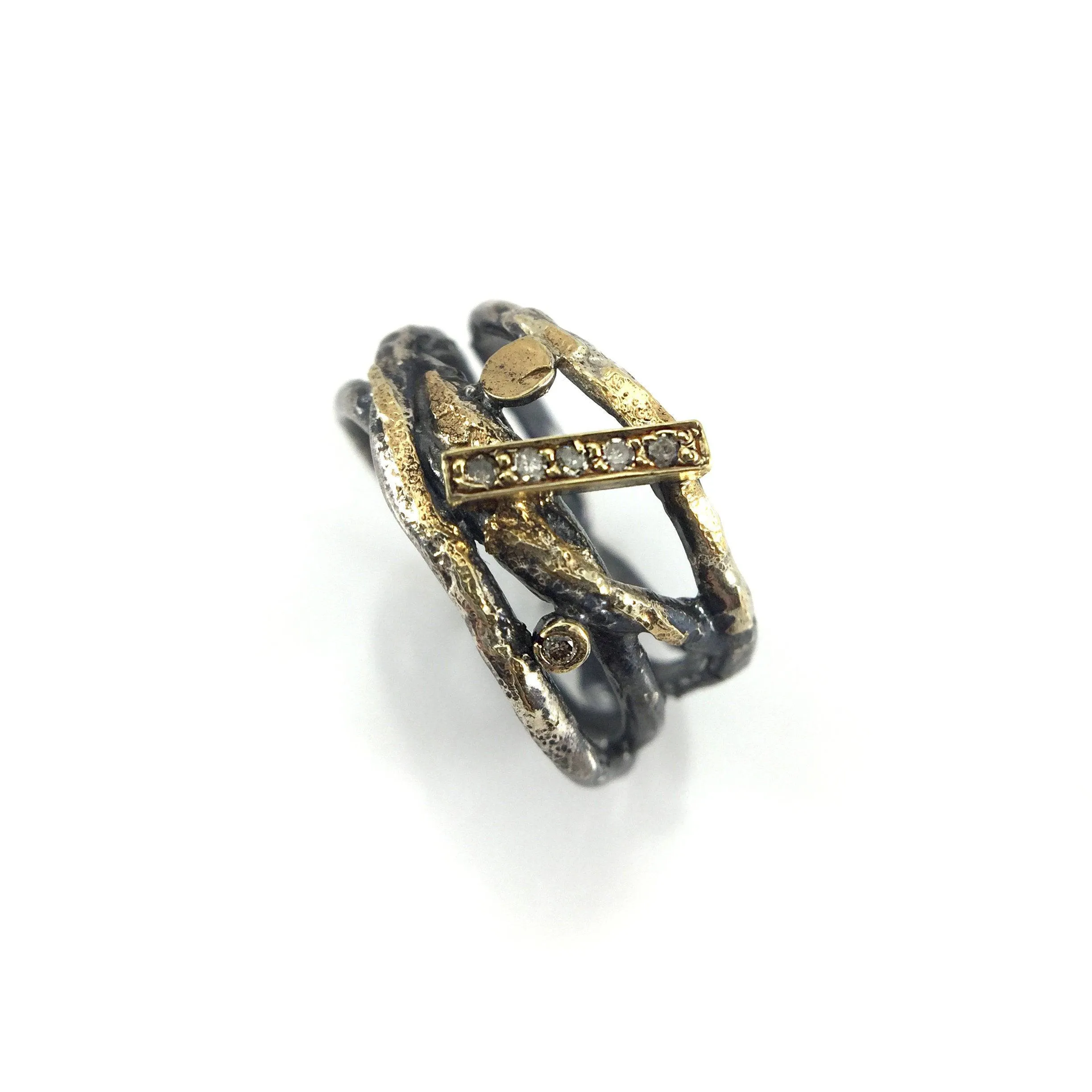 Oxidized Silver, Pave set Diamonds and 22k Gold Wrap Ring