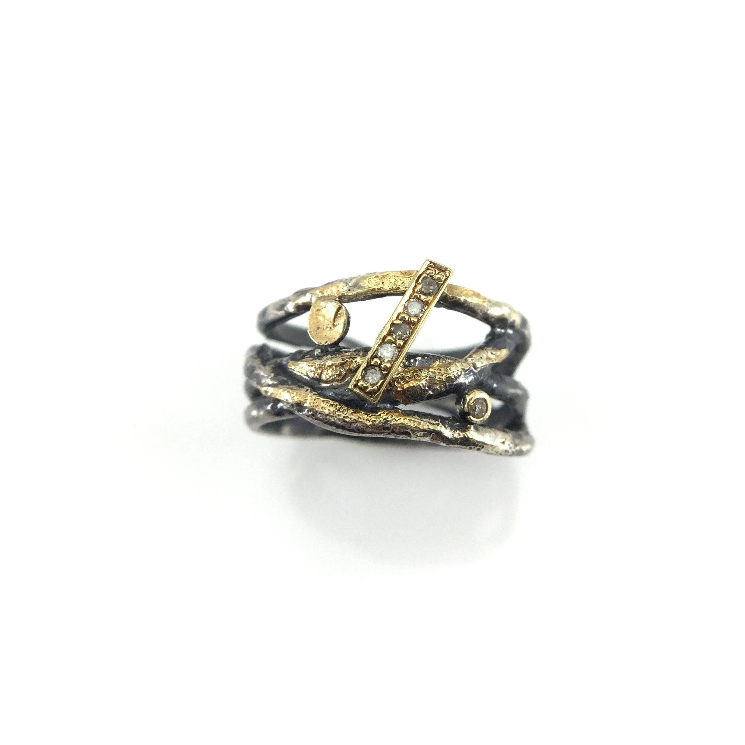 Oxidized Silver, Pave set Diamonds and 22k Gold Wrap Ring