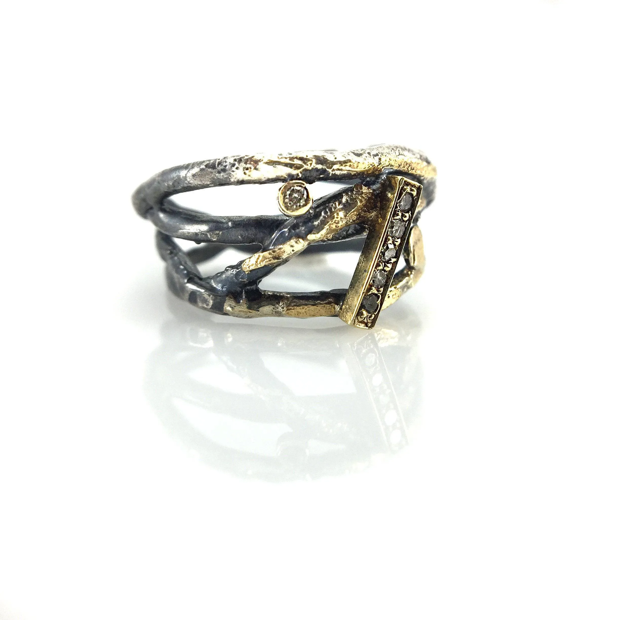 Oxidized Silver, Pave set Diamonds and 22k Gold Wrap Ring