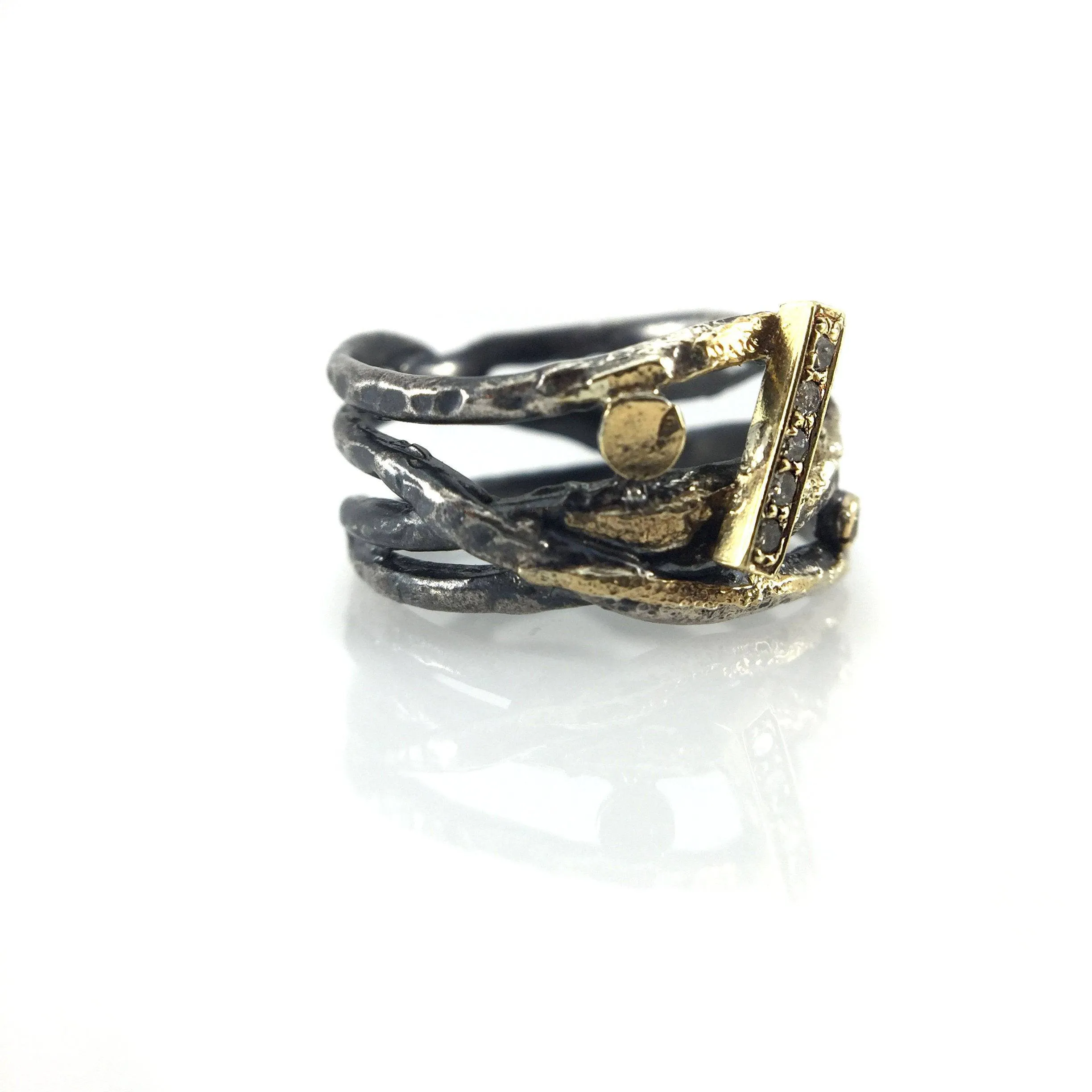Oxidized Silver, Pave set Diamonds and 22k Gold Wrap Ring