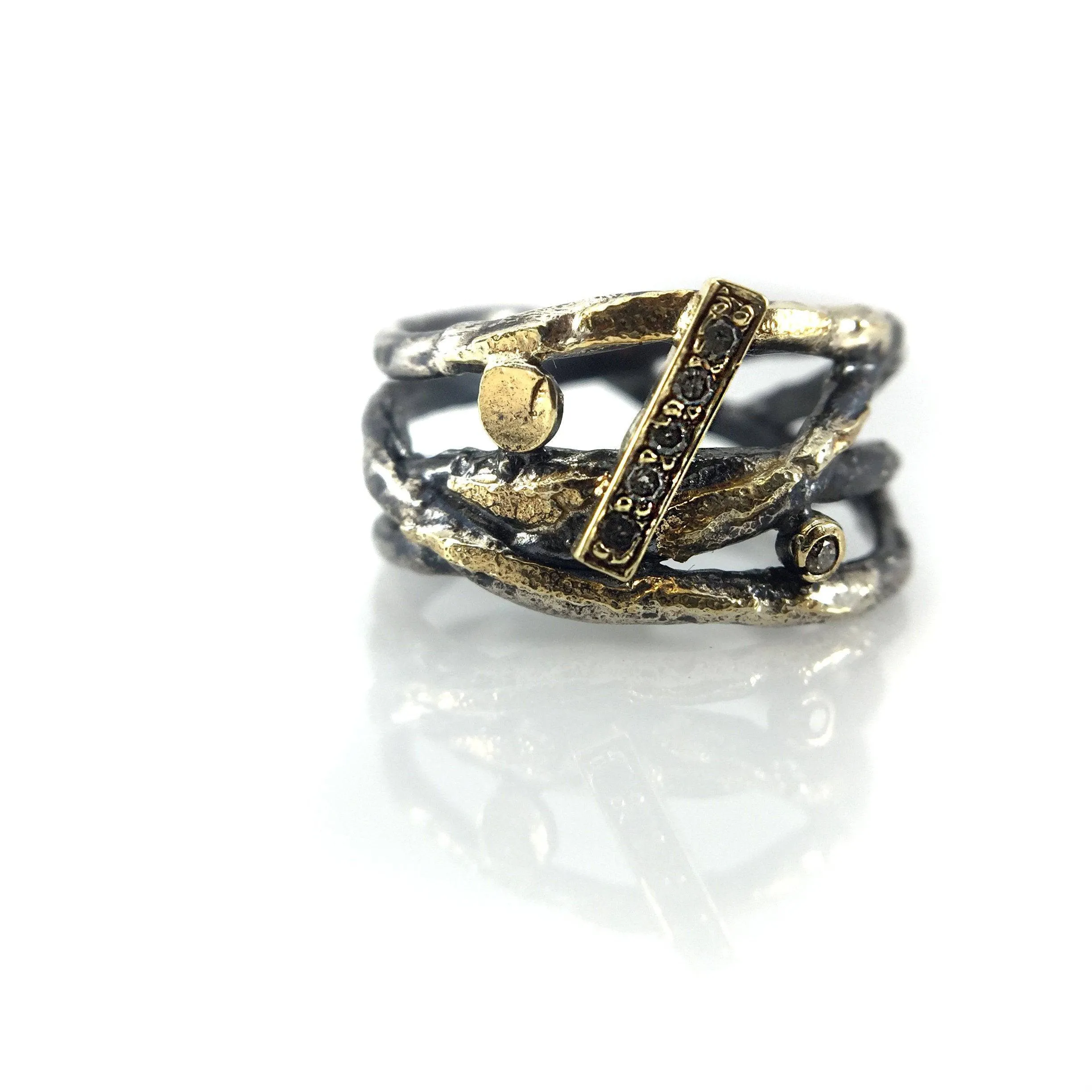 Oxidized Silver, Pave set Diamonds and 22k Gold Wrap Ring