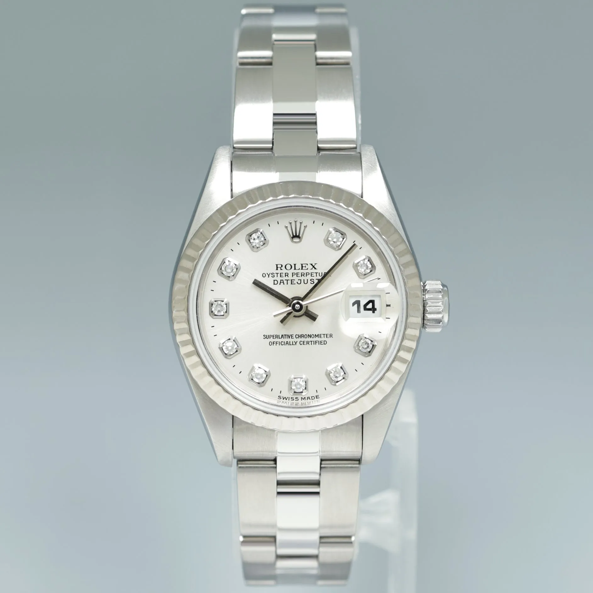 PAPERS Ladies Rolex DateJust 26mm Silver Diamond White Gold Fluted Steel Oyster 69174 Watch