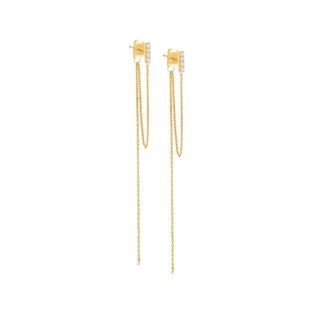 Pave Bar Double Chain Drop Stud Earring 14K