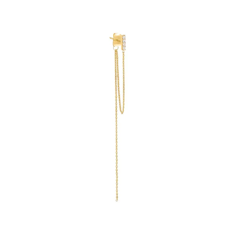 Pave Bar Double Chain Drop Stud Earring 14K