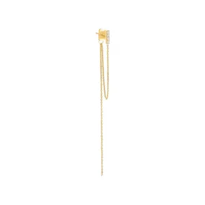 Pave Bar Double Chain Drop Stud Earring 14K
