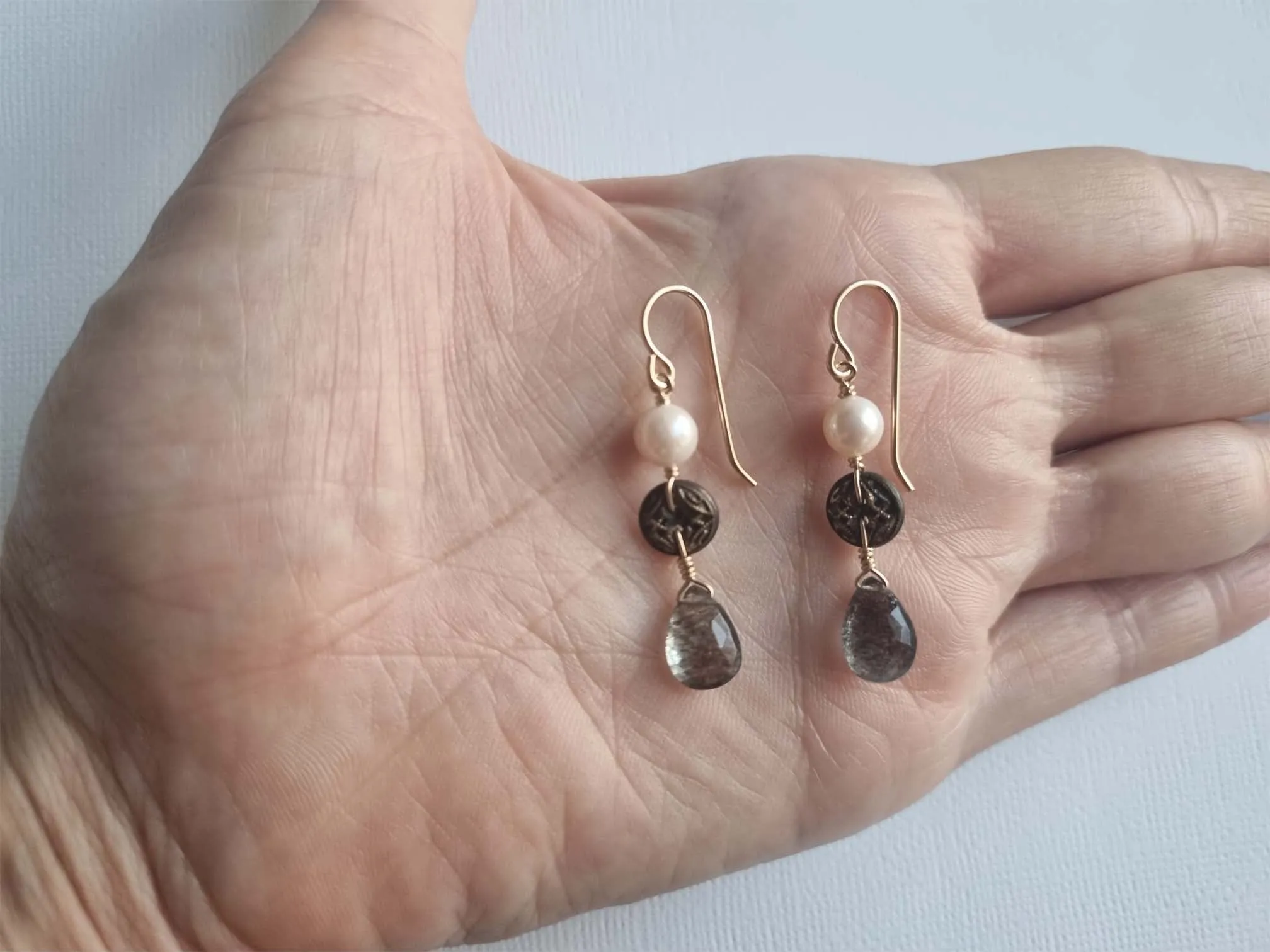 pearls and steel | antique pierced button pearl aquamarine earrings