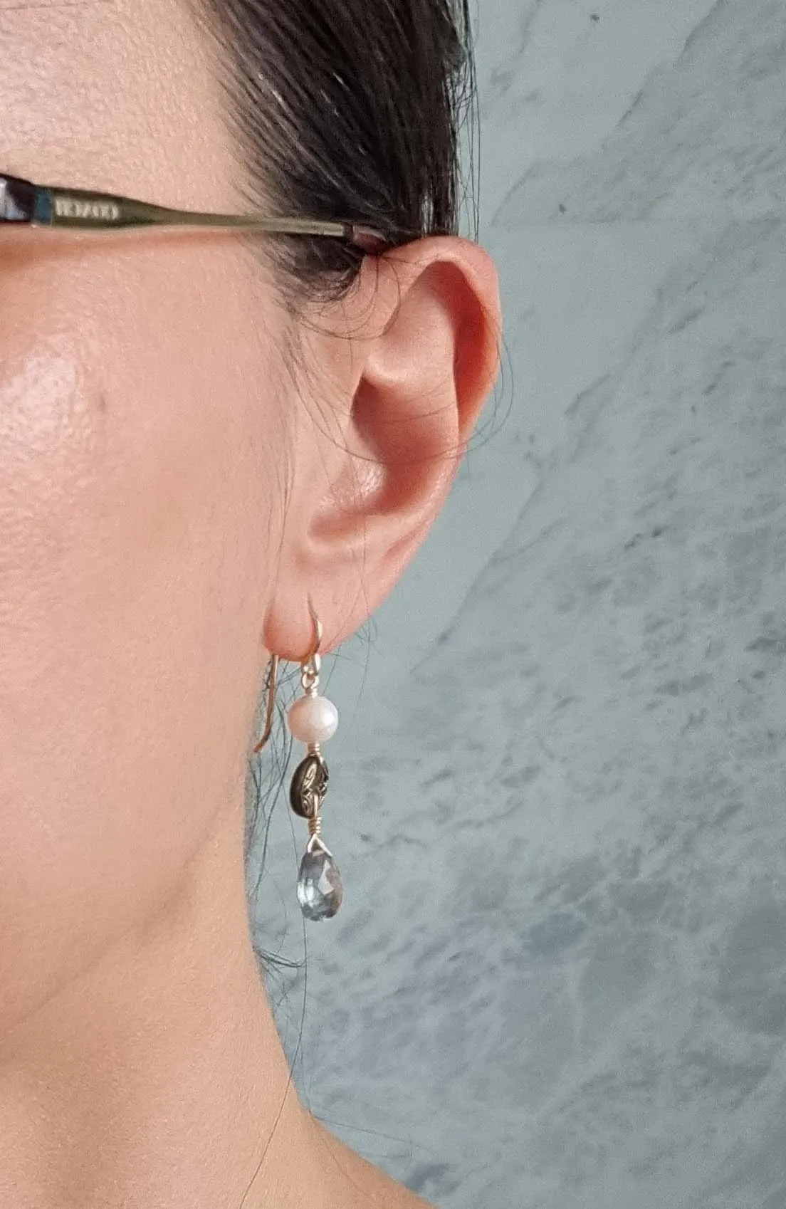pearls and steel | antique pierced button pearl aquamarine earrings