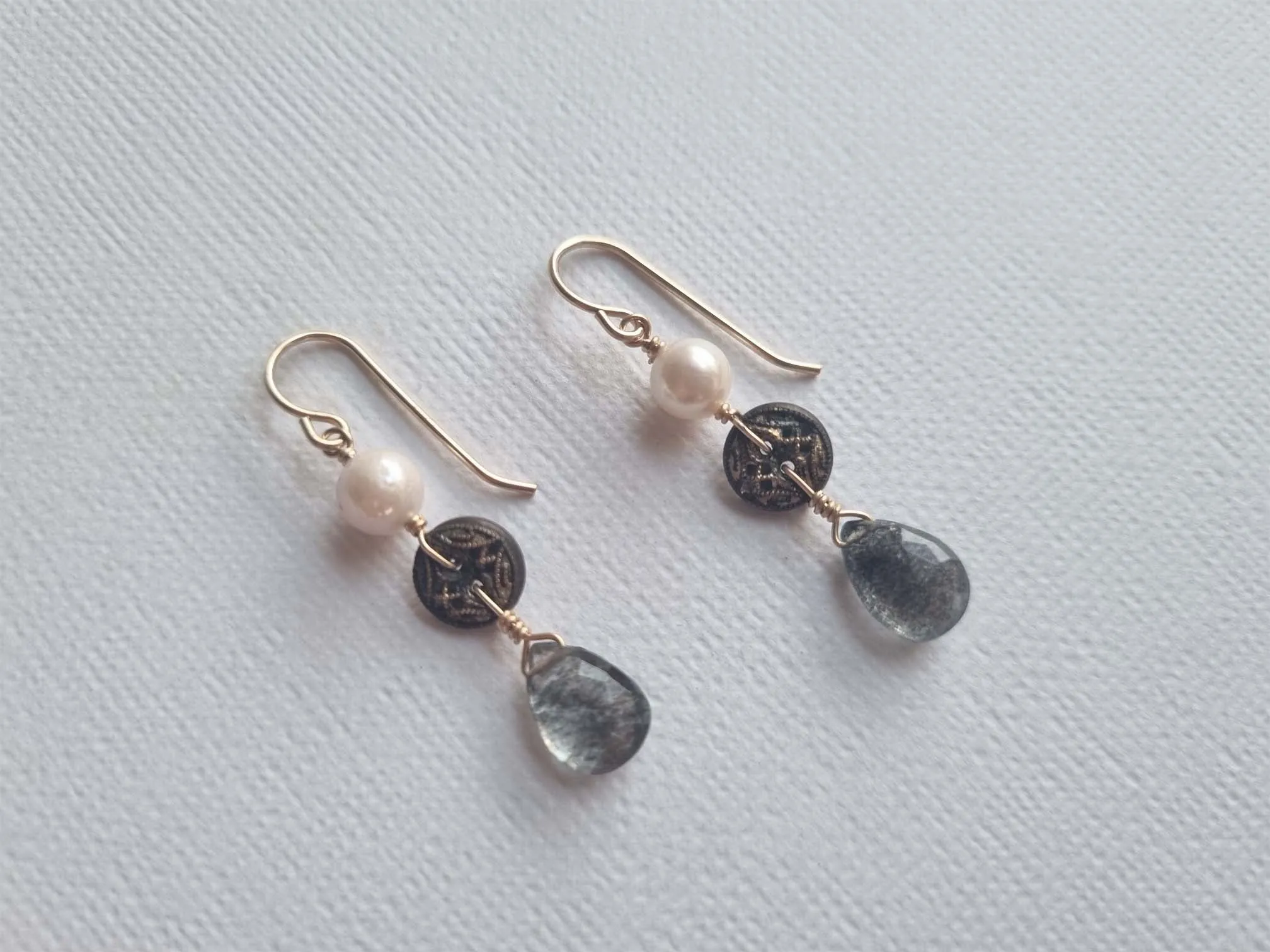pearls and steel | antique pierced button pearl aquamarine earrings
