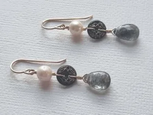 pearls and steel | antique pierced button pearl aquamarine earrings