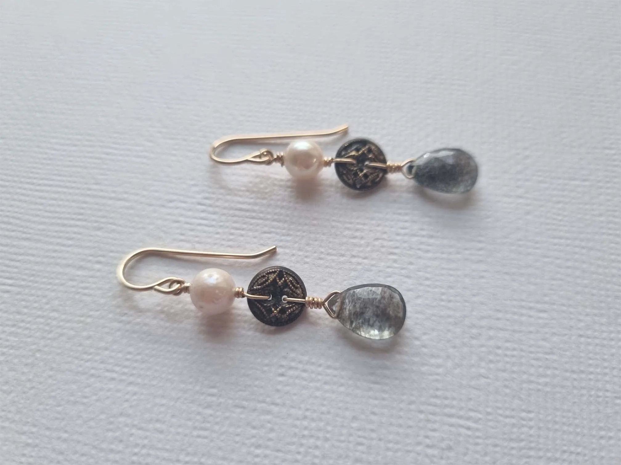 pearls and steel | antique pierced button pearl aquamarine earrings