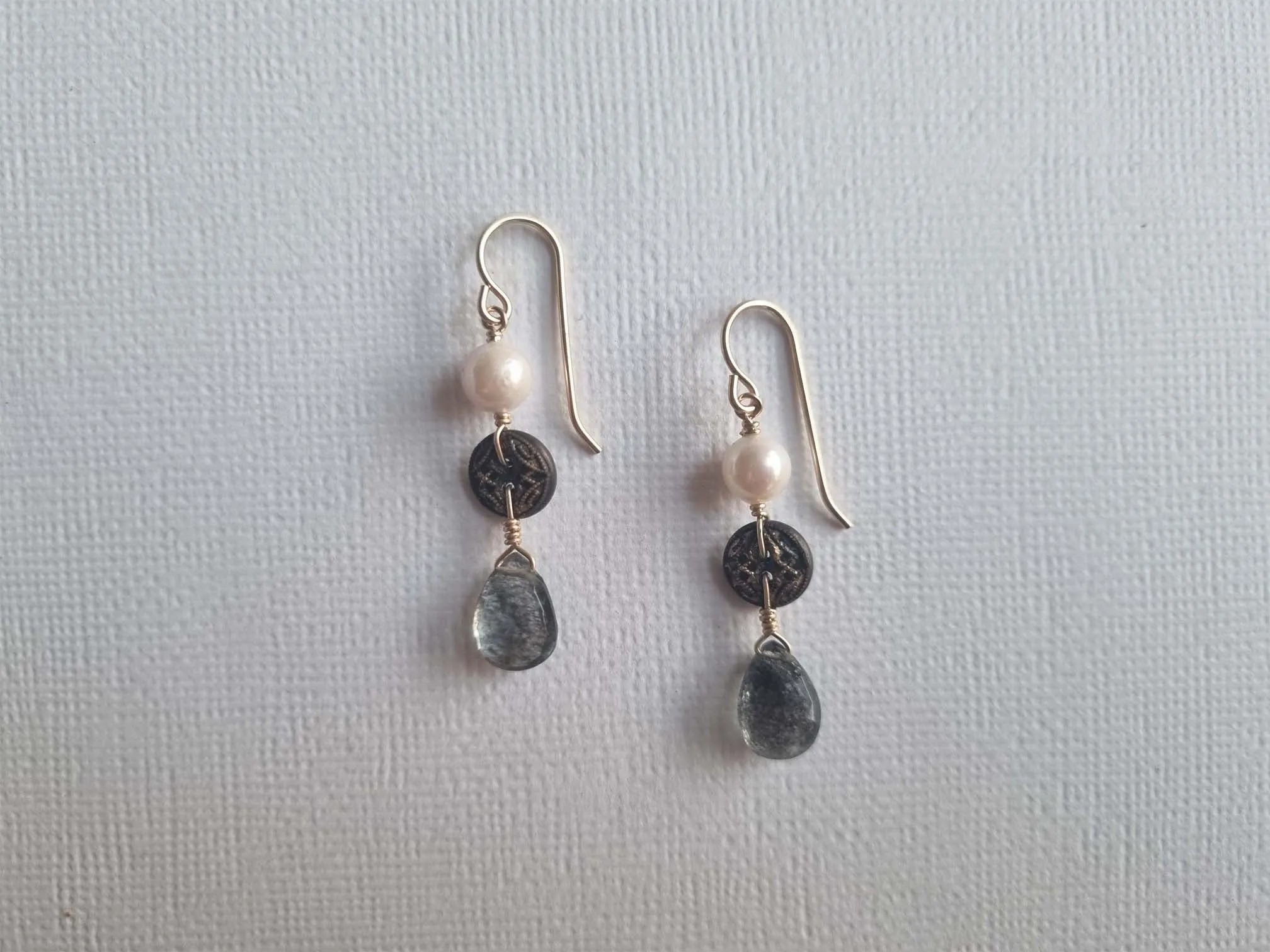 pearls and steel | antique pierced button pearl aquamarine earrings