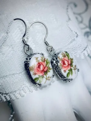 Pink Floral Earrings, Edward Cameo Earrings, Vintage Edwardian Antique Reproduction Jewelry #E70