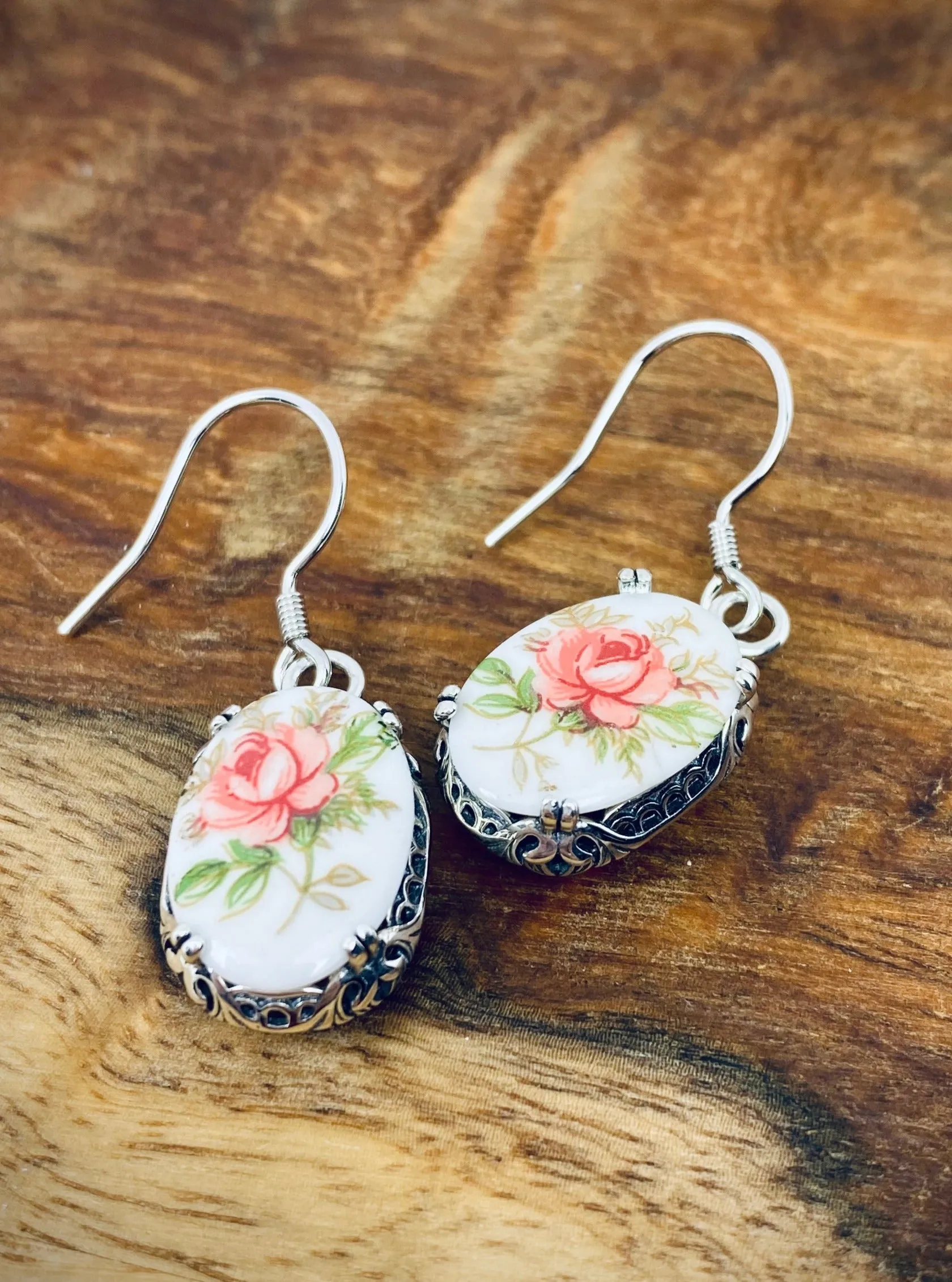 Pink Floral Earrings, Edward Cameo Earrings, Vintage Edwardian Antique Reproduction Jewelry #E70