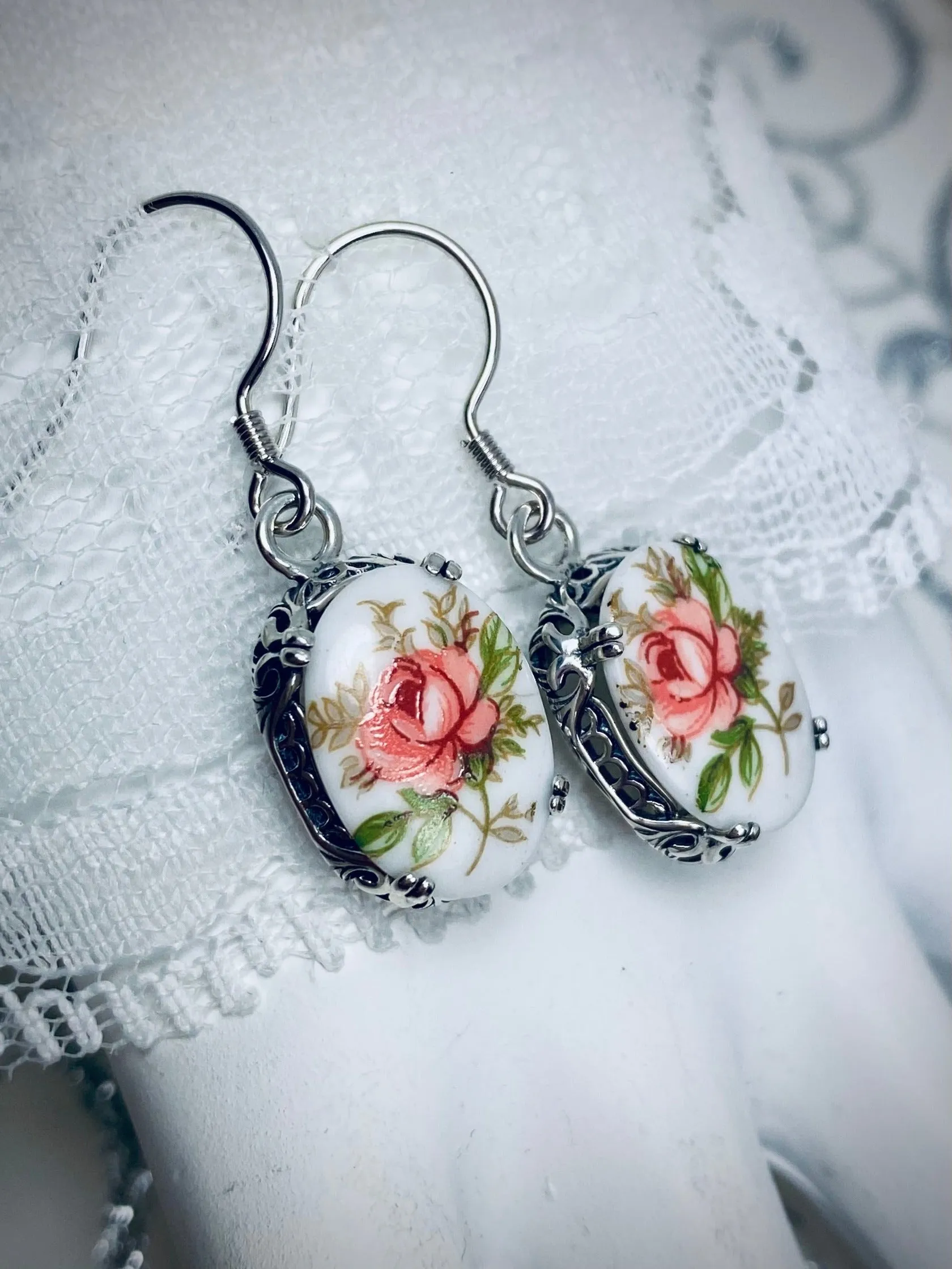 Pink Floral Earrings, Edward Cameo Earrings, Vintage Edwardian Antique Reproduction Jewelry #E70