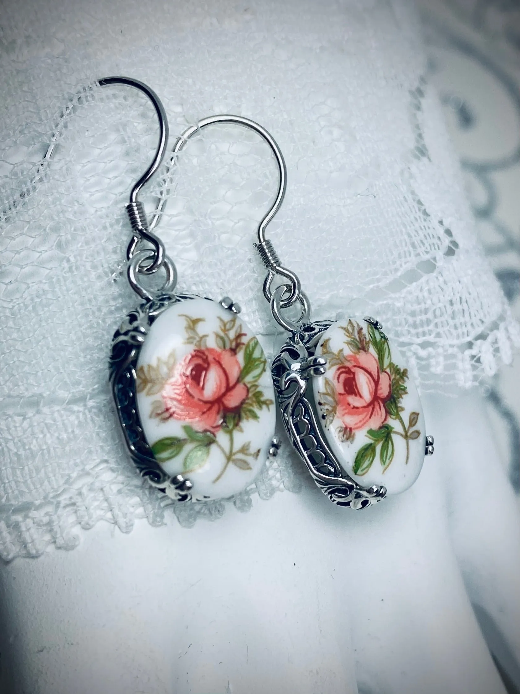 Pink Floral Earrings, Edward Cameo Earrings, Vintage Edwardian Antique Reproduction Jewelry #E70