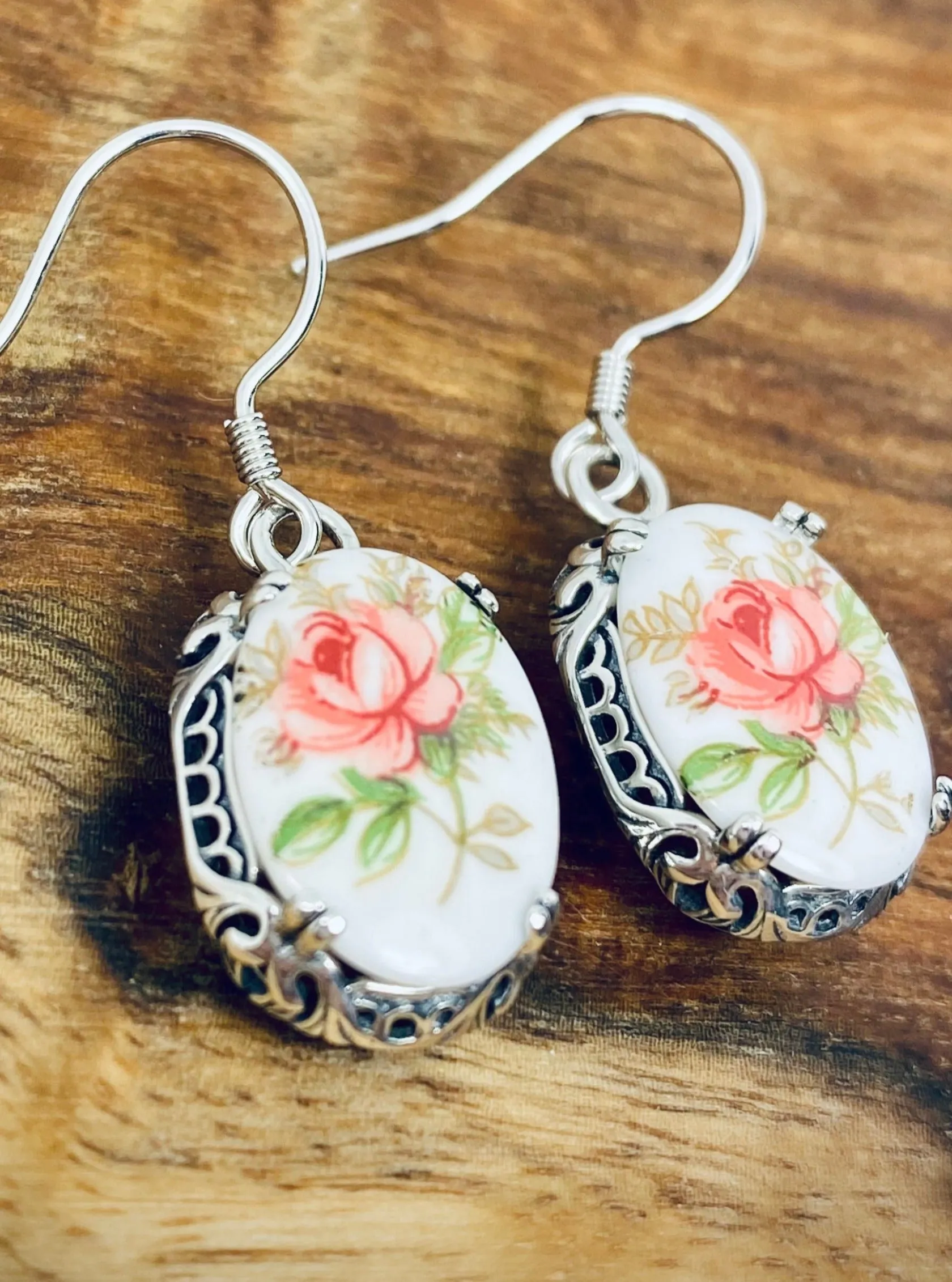 Pink Floral Earrings, Edward Cameo Earrings, Vintage Edwardian Antique Reproduction Jewelry #E70