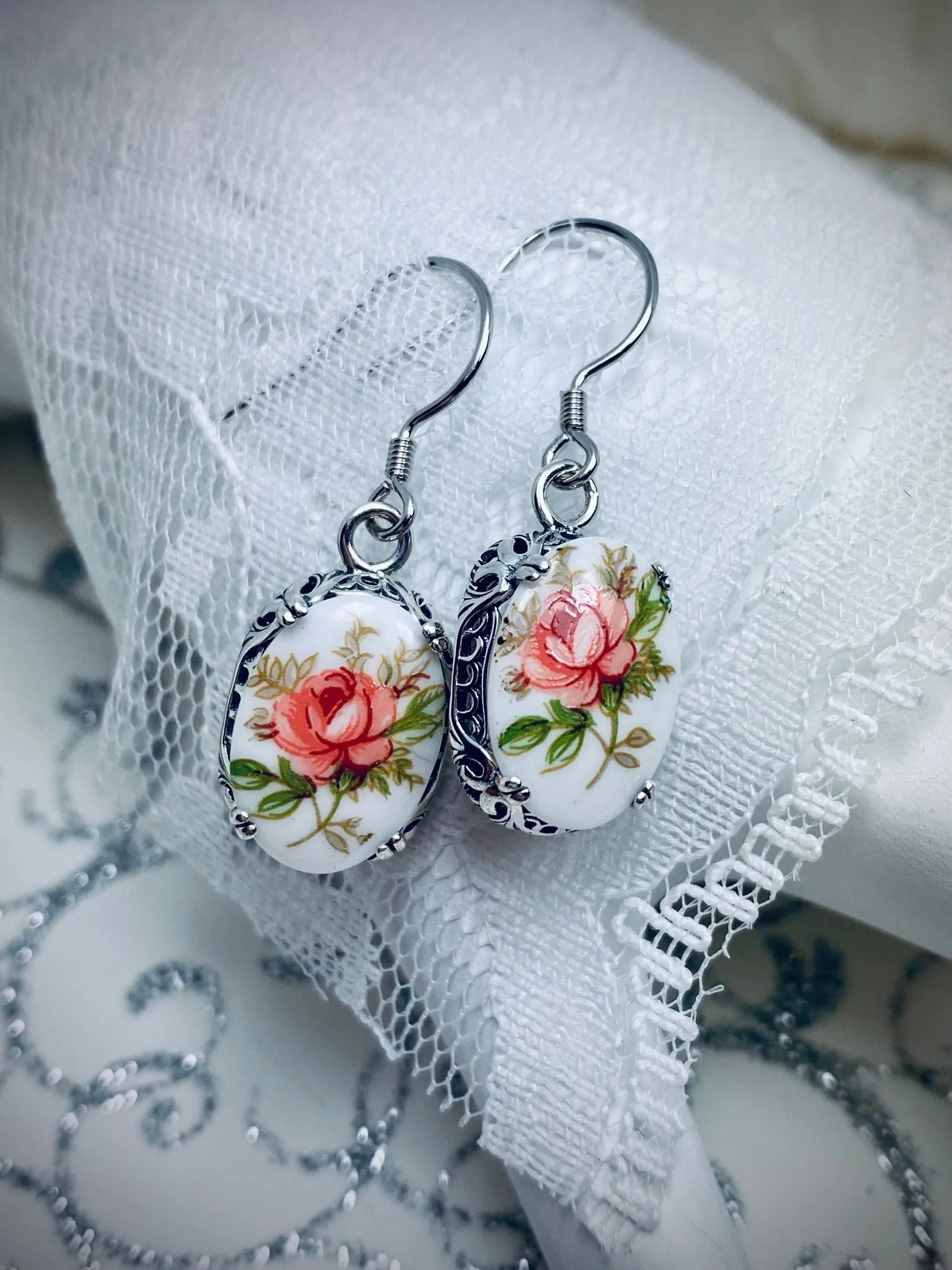 Pink Floral Earrings, Edward Cameo Earrings, Vintage Edwardian Antique Reproduction Jewelry #E70