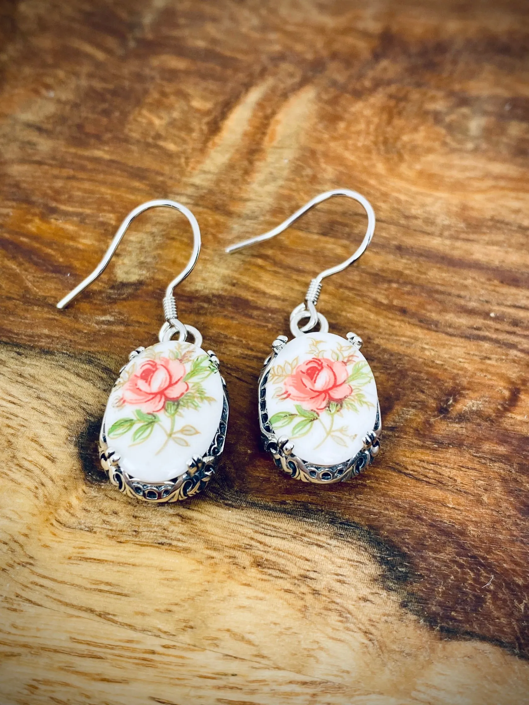 Pink Floral Earrings, Edward Cameo Earrings, Vintage Edwardian Antique Reproduction Jewelry #E70