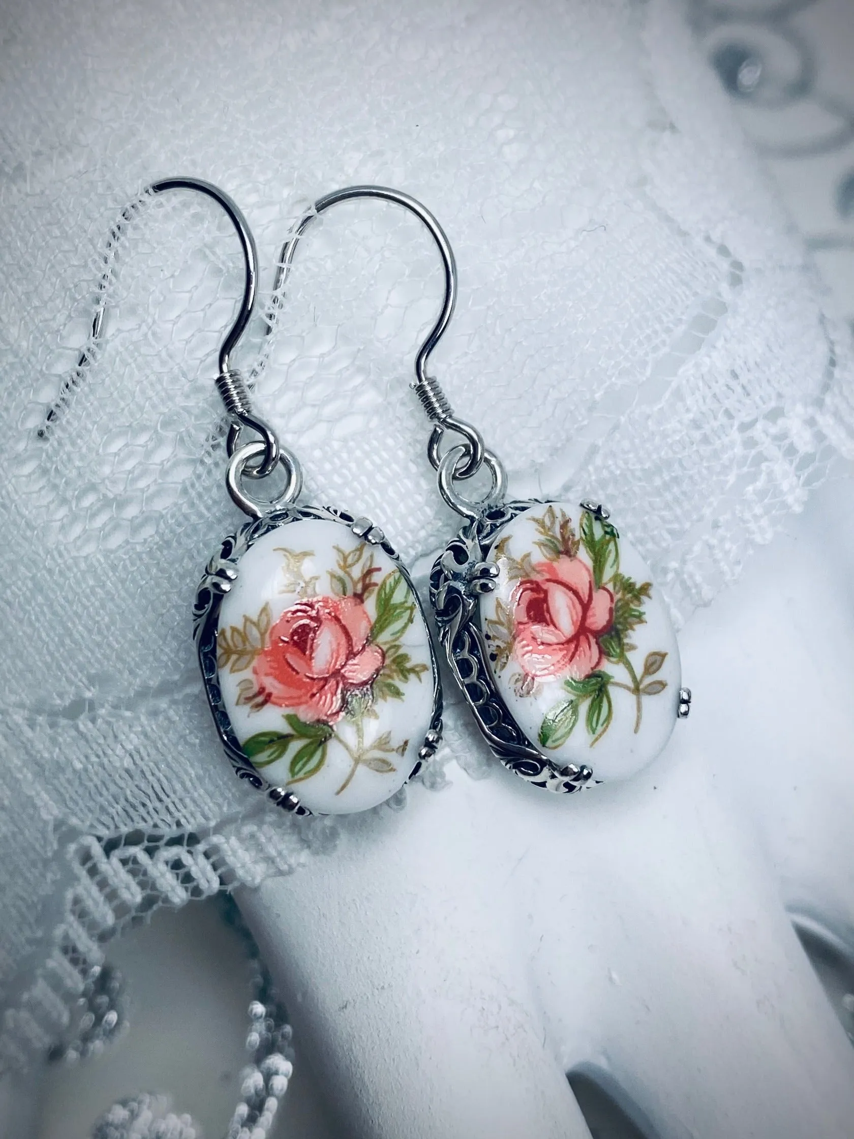 Pink Floral Earrings, Edward Cameo Earrings, Vintage Edwardian Antique Reproduction Jewelry #E70