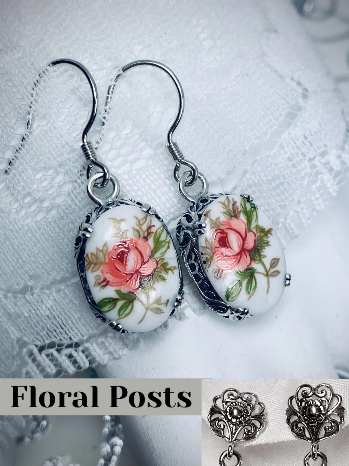 Pink Floral Earrings, Edward Cameo Earrings, Vintage Edwardian Antique Reproduction Jewelry #E70