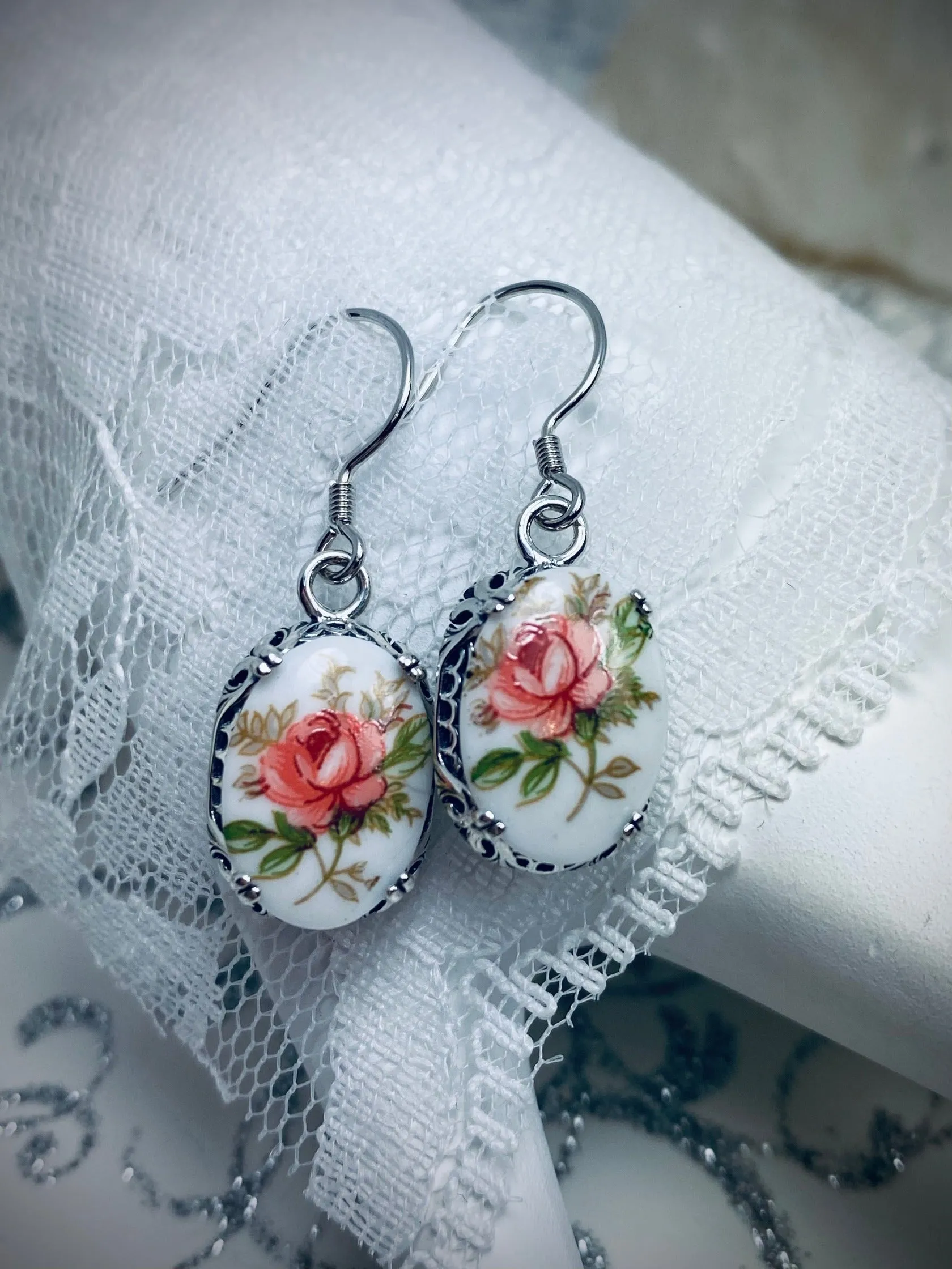 Pink Floral Earrings, Edward Cameo Earrings, Vintage Edwardian Antique Reproduction Jewelry #E70