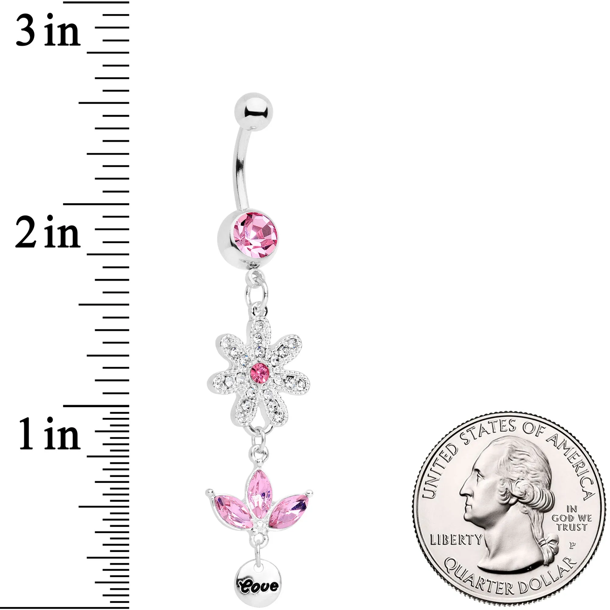 Pink Gem Flower Leaves Love Dangle Belly Ring