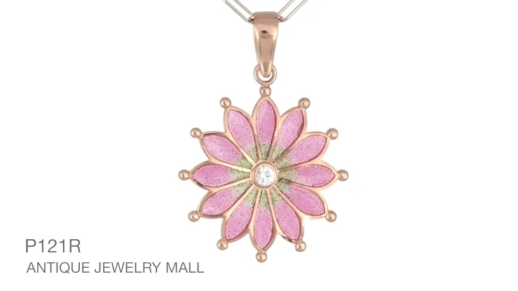 Plique a Jour Enamel Flower Pendant Necklace in Rose Gold Vermeil Sterling Silver with White Sapphire | Art Nouveau 1910 Vintage Replica