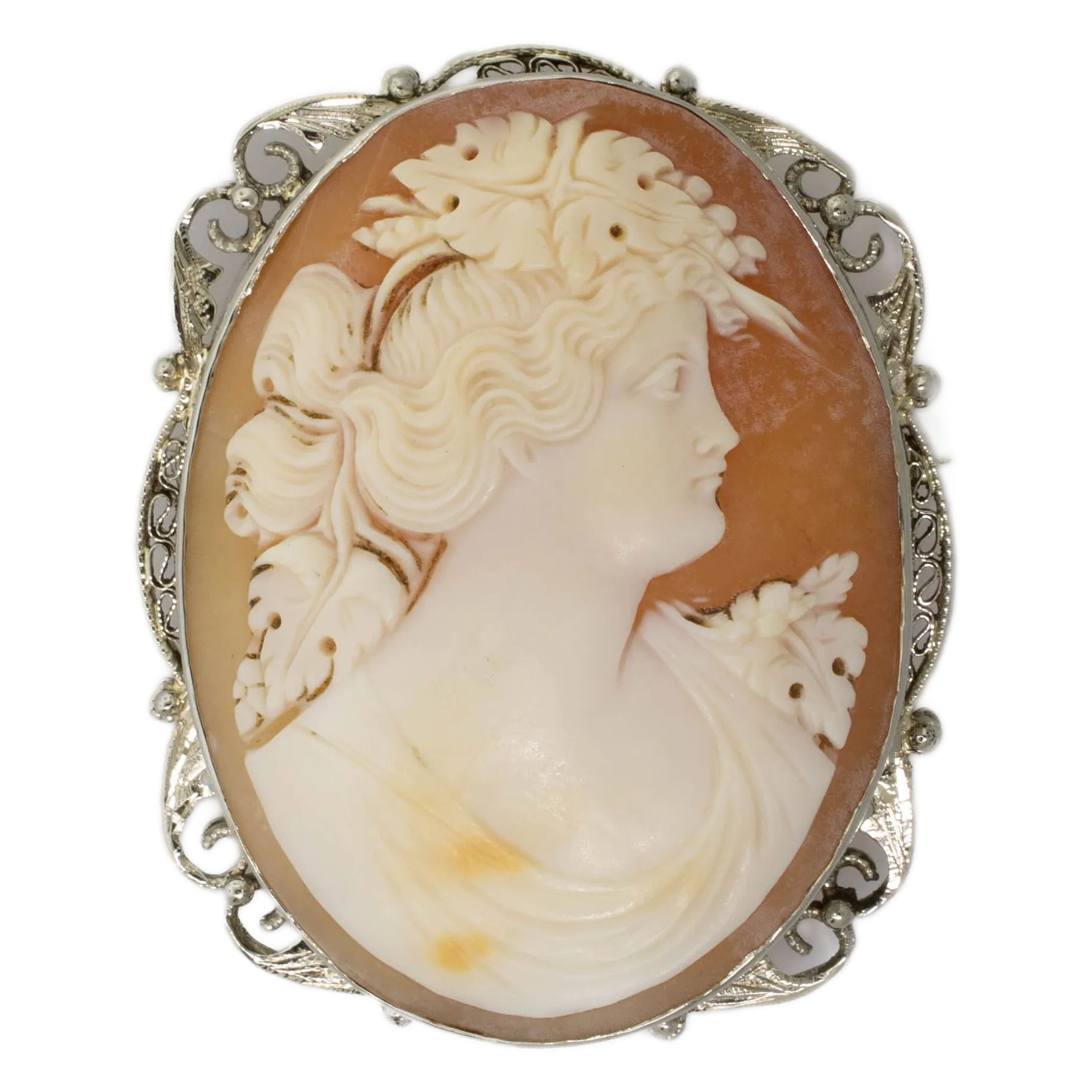 Pre-Owned 14K White Gold Shell Cameo Pin/Pendant with Filigree Frame