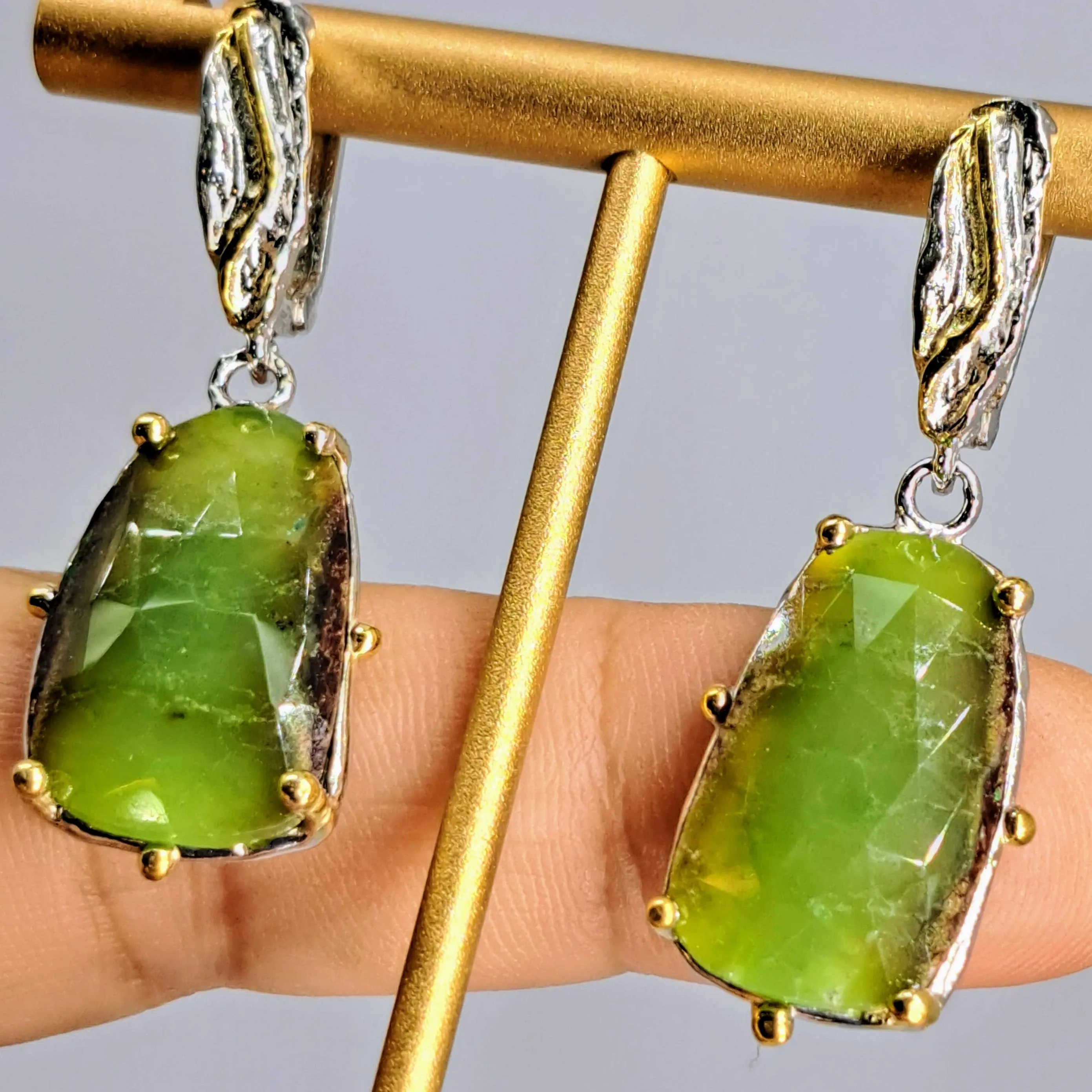 "Baby Greens" 1.75" Earrings - Chrysoprase, Anti-tarnish Sterling, 18k Gold