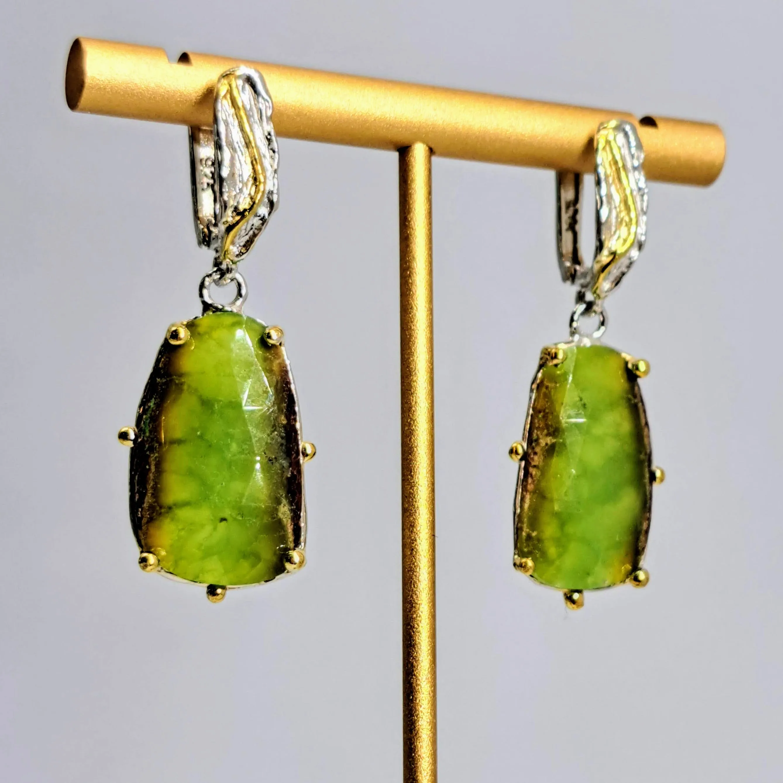 "Baby Greens" 1.75" Earrings - Chrysoprase, Anti-tarnish Sterling, 18k Gold