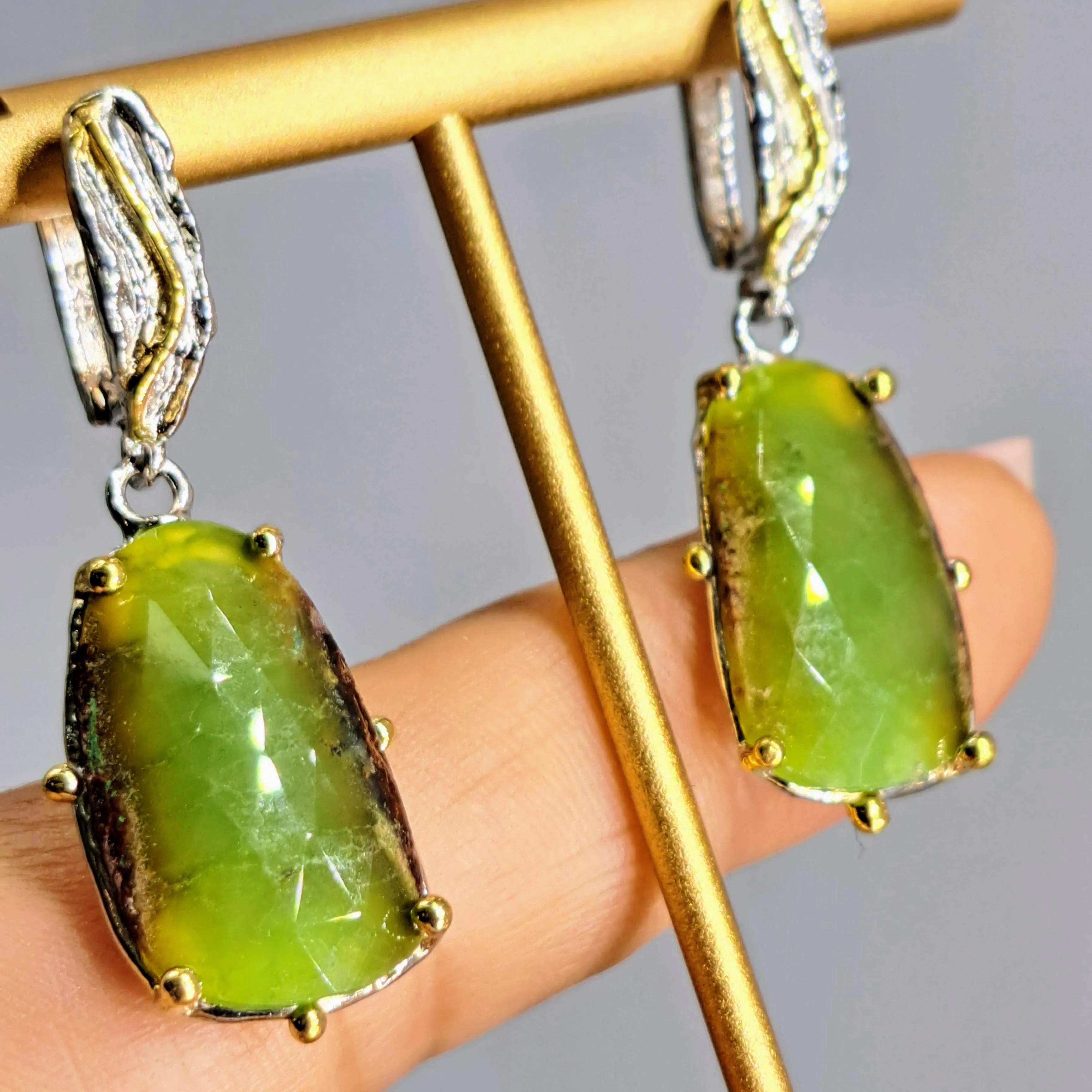 "Baby Greens" 1.75" Earrings - Chrysoprase, Anti-tarnish Sterling, 18k Gold