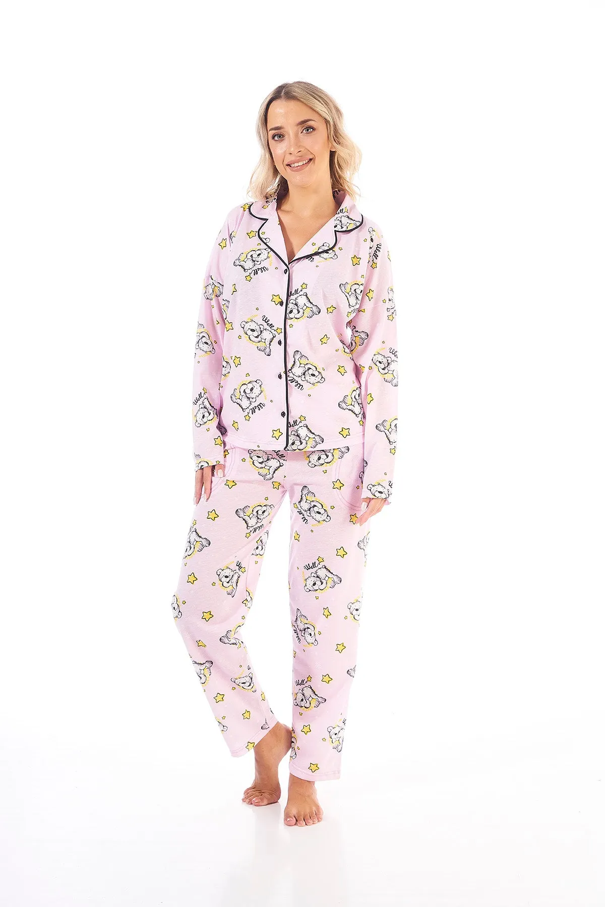 "Goodnight Bear" Collared Long Sleeved Cotton Pyjamas