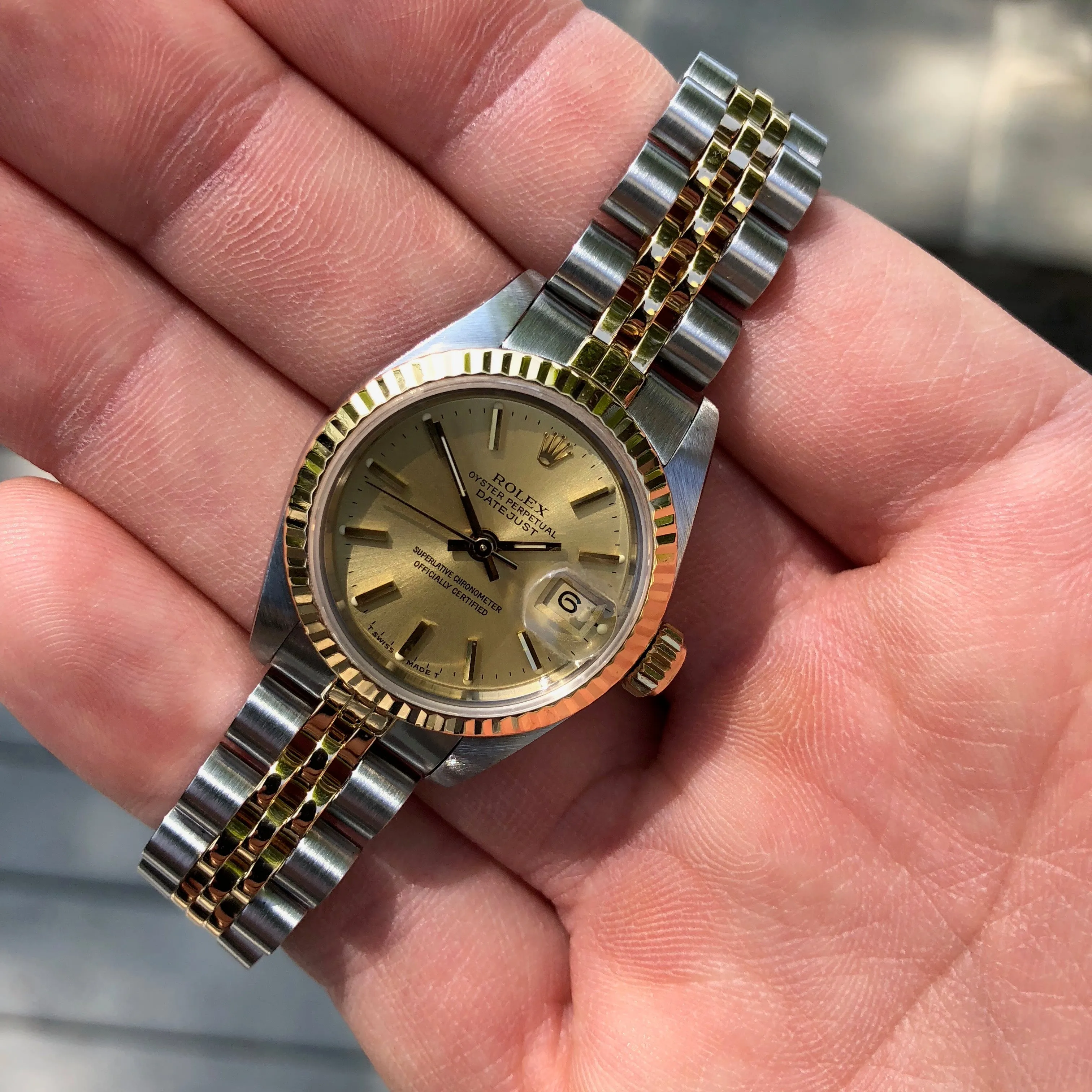 Rolex Datejust 69173 Ladies Two Tone Champagne Stick Dial Steel 18K Gold Jubilee Wristwatch Box & Papers