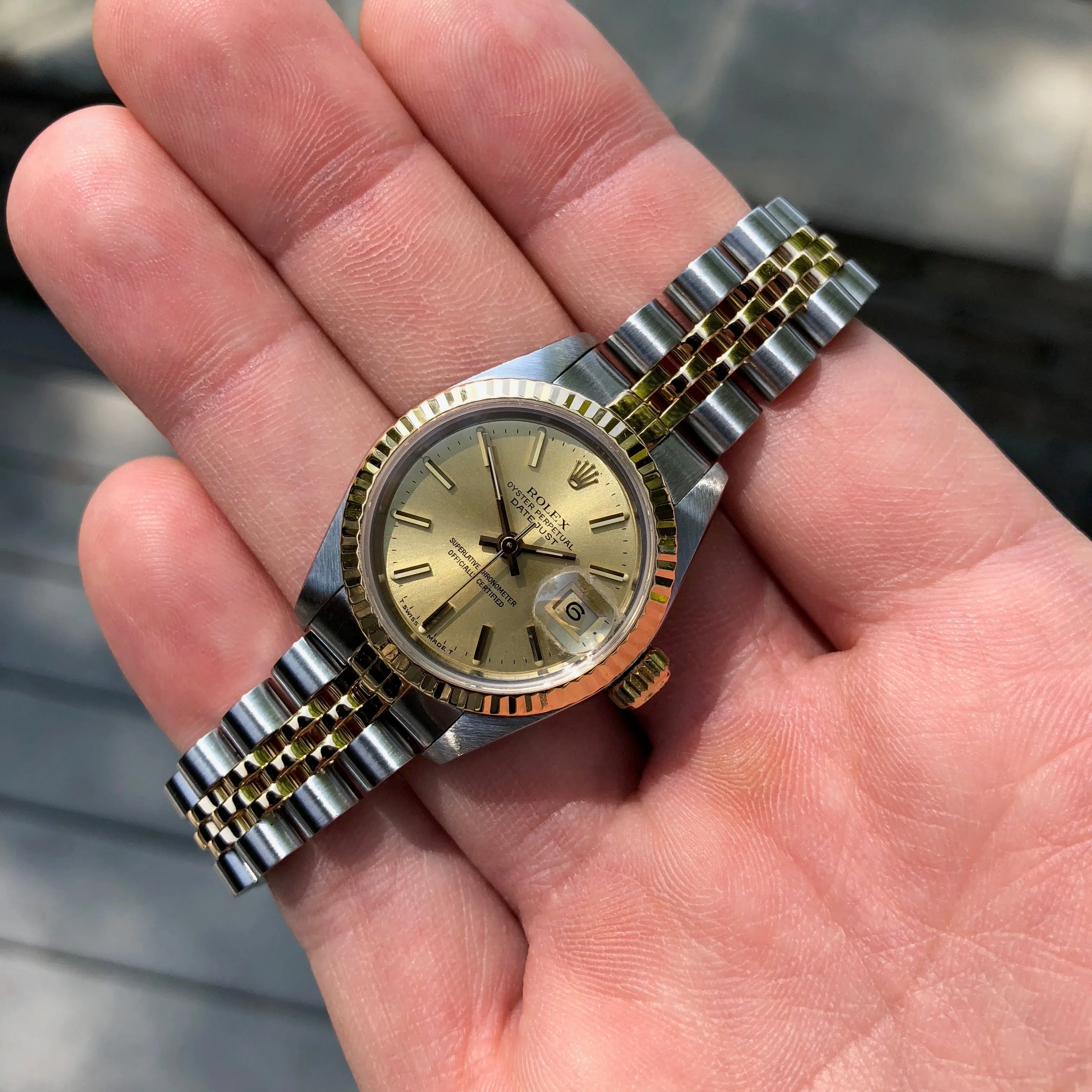 Rolex Datejust 69173 Ladies Two Tone Champagne Stick Dial Steel 18K Gold Jubilee Wristwatch Box & Papers