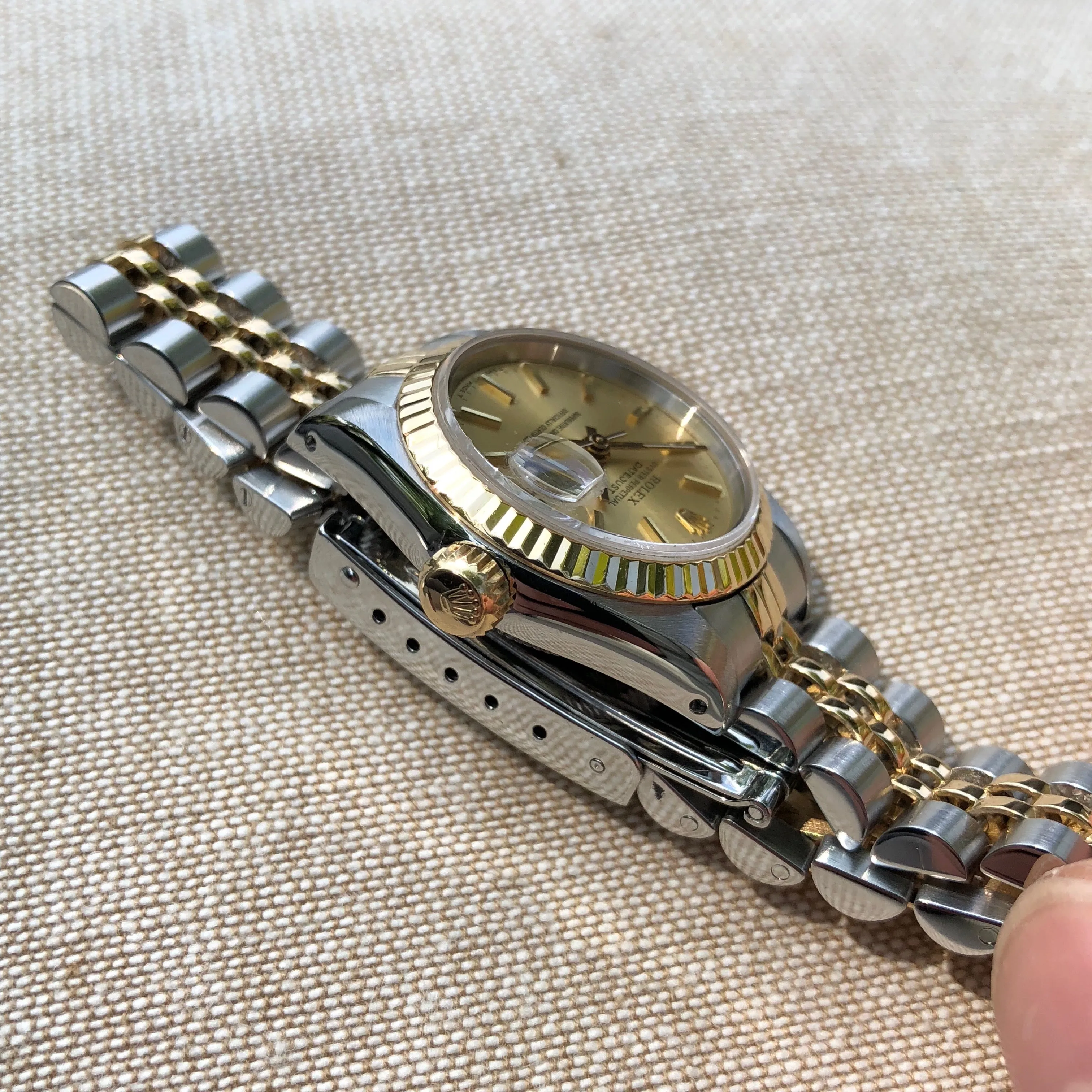Rolex Datejust 69173 Ladies Two Tone Champagne Stick Dial Steel 18K Gold Jubilee Wristwatch Box & Papers