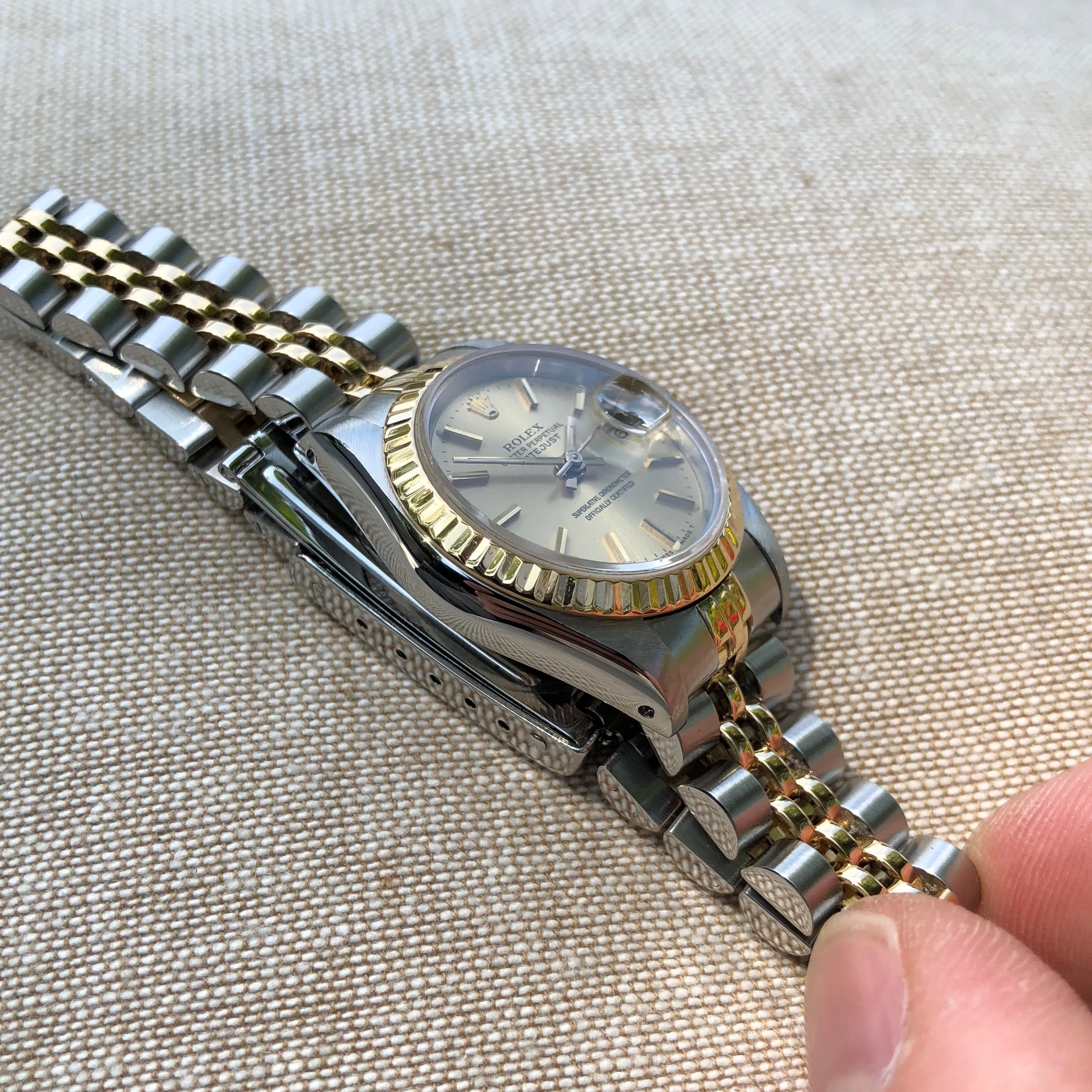 Rolex Datejust 69173 Ladies Two Tone Champagne Stick Dial Steel 18K Gold Jubilee Wristwatch Box & Papers