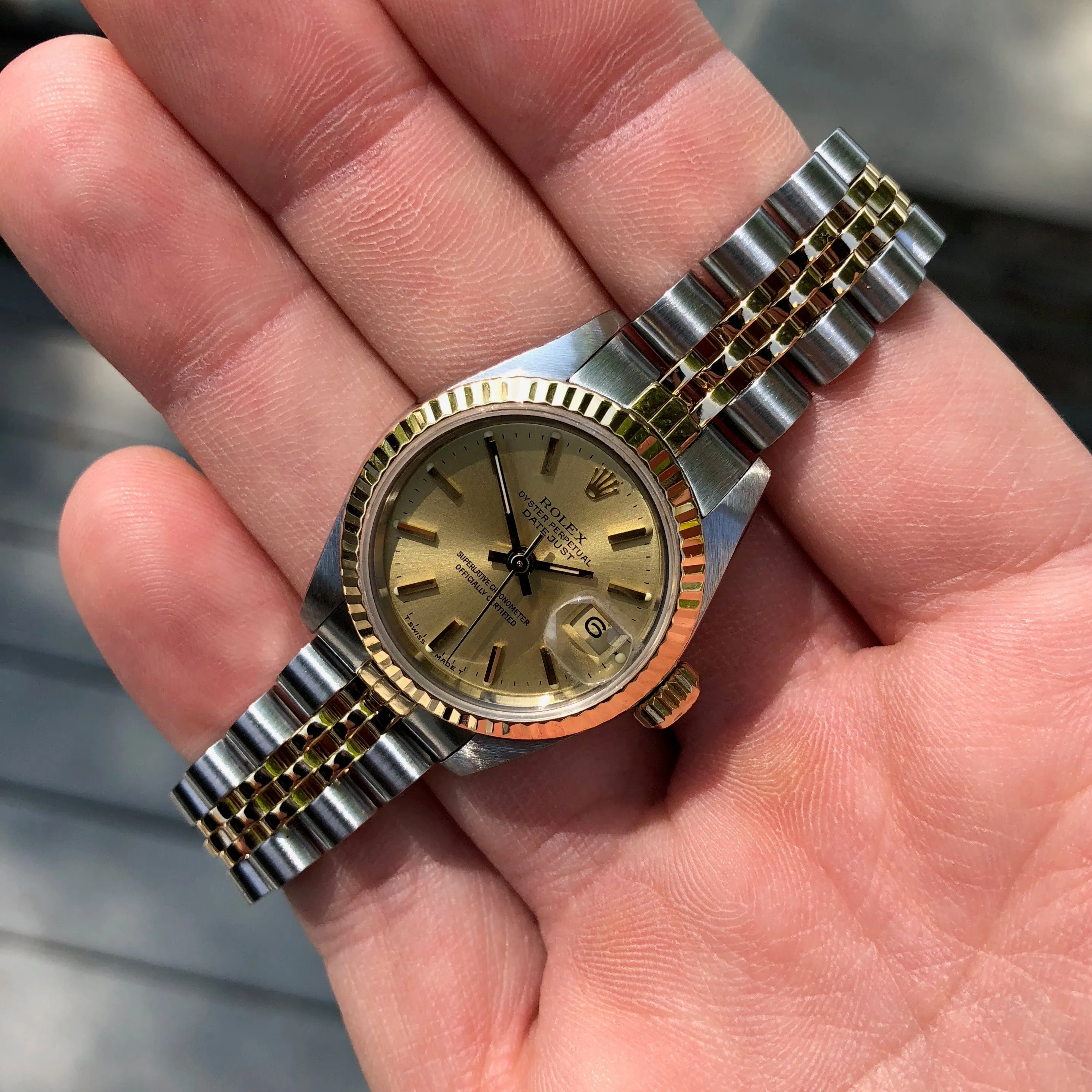 Rolex Datejust 69173 Ladies Two Tone Champagne Stick Dial Steel 18K Gold Jubilee Wristwatch Box & Papers