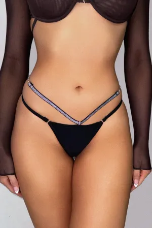 Sequin Double V Thong - Black